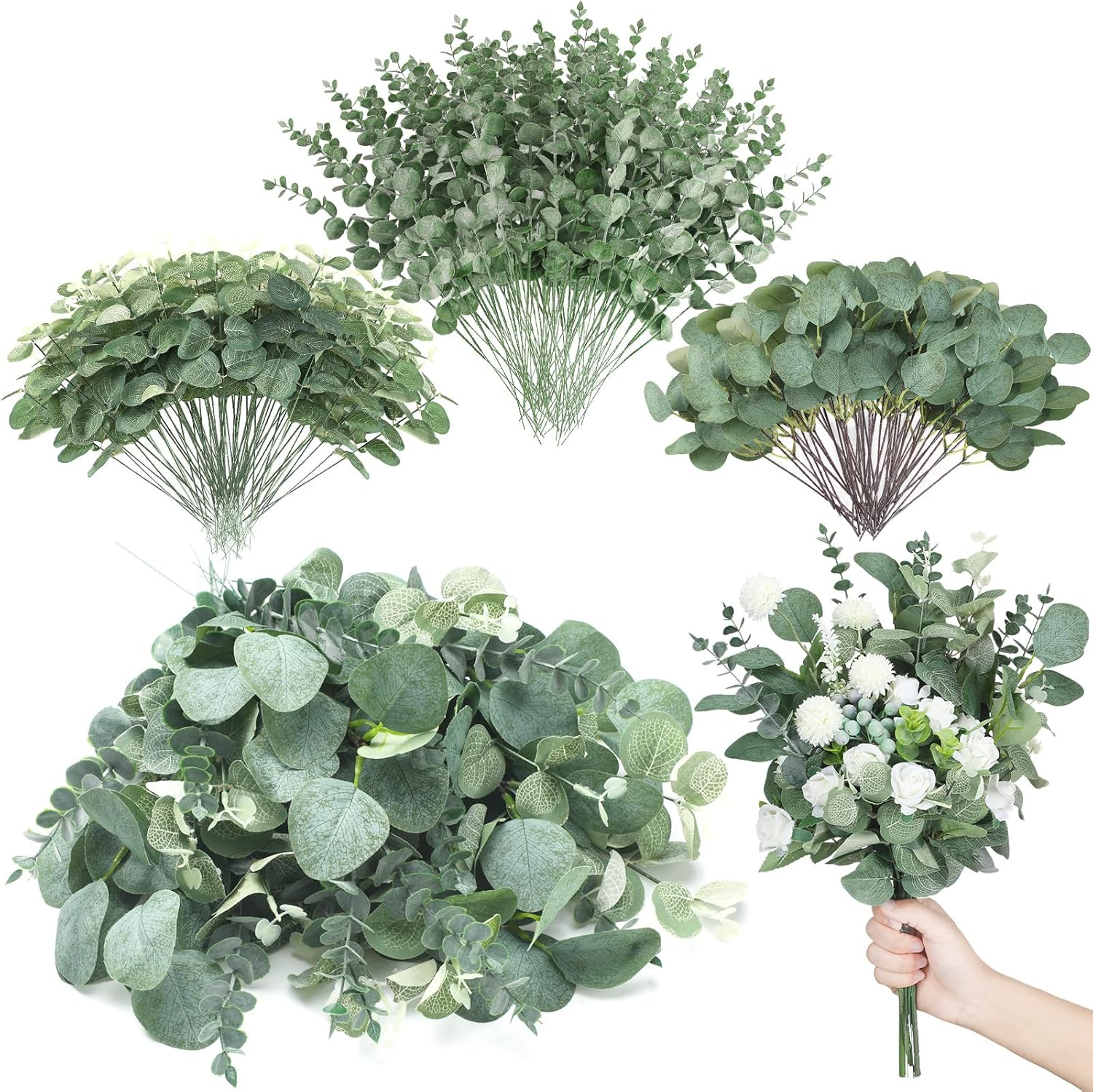 90 Pcs 3 Kinds Mixed Eucalyptus Leaves Stems Bulk Artificial Silver Dollar Eucalyptus Leaves Picks Dried Eucalyptus Bundle Faux Spray for Wedding Vase Bouquet Floral Arrangement Decor (Green)