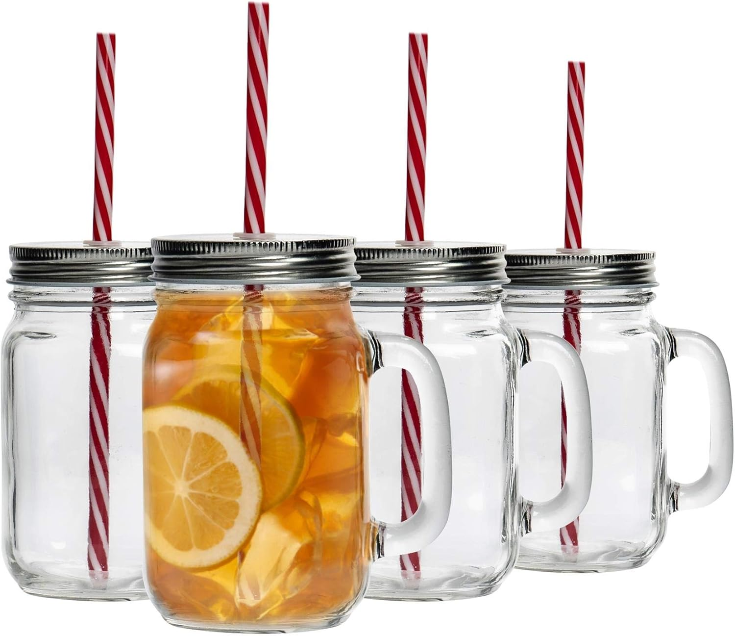 Rink Drink 4 Piece Glass Drinking Jars Set with Lid and Reusable Straw - Mason Style Jam Jar Glasses with Handle - 450Ml
