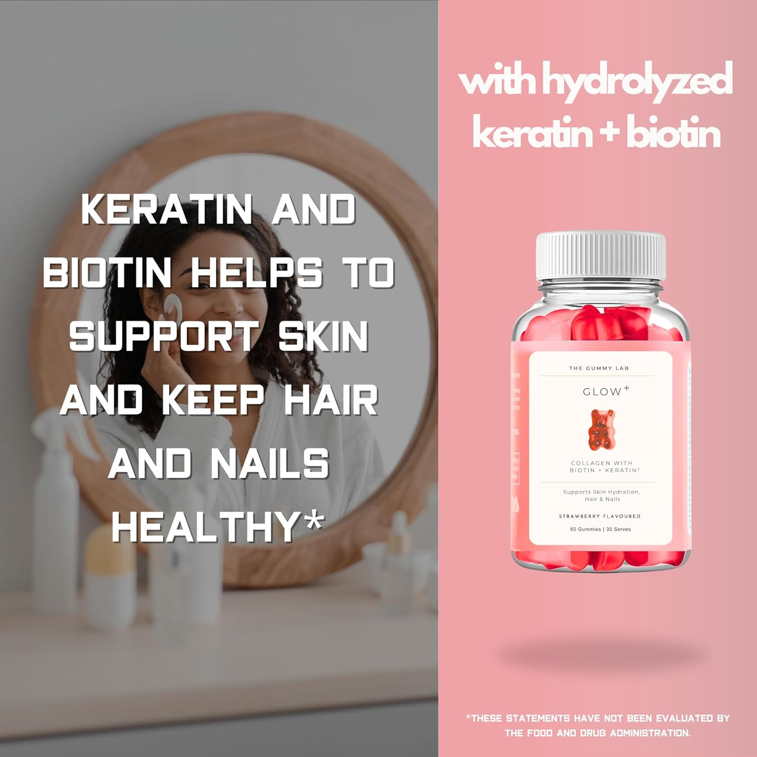 Glow+ Collagen Gummies - 1000Mg Hydrolyzed Marine Collagen with Biotin, Hydrolyzed Keratin, Hyaluronic Acid & Vitamins for Skin, Hair, Nails & Joints - 60 Strawberry - Flavored Gummies image number 5