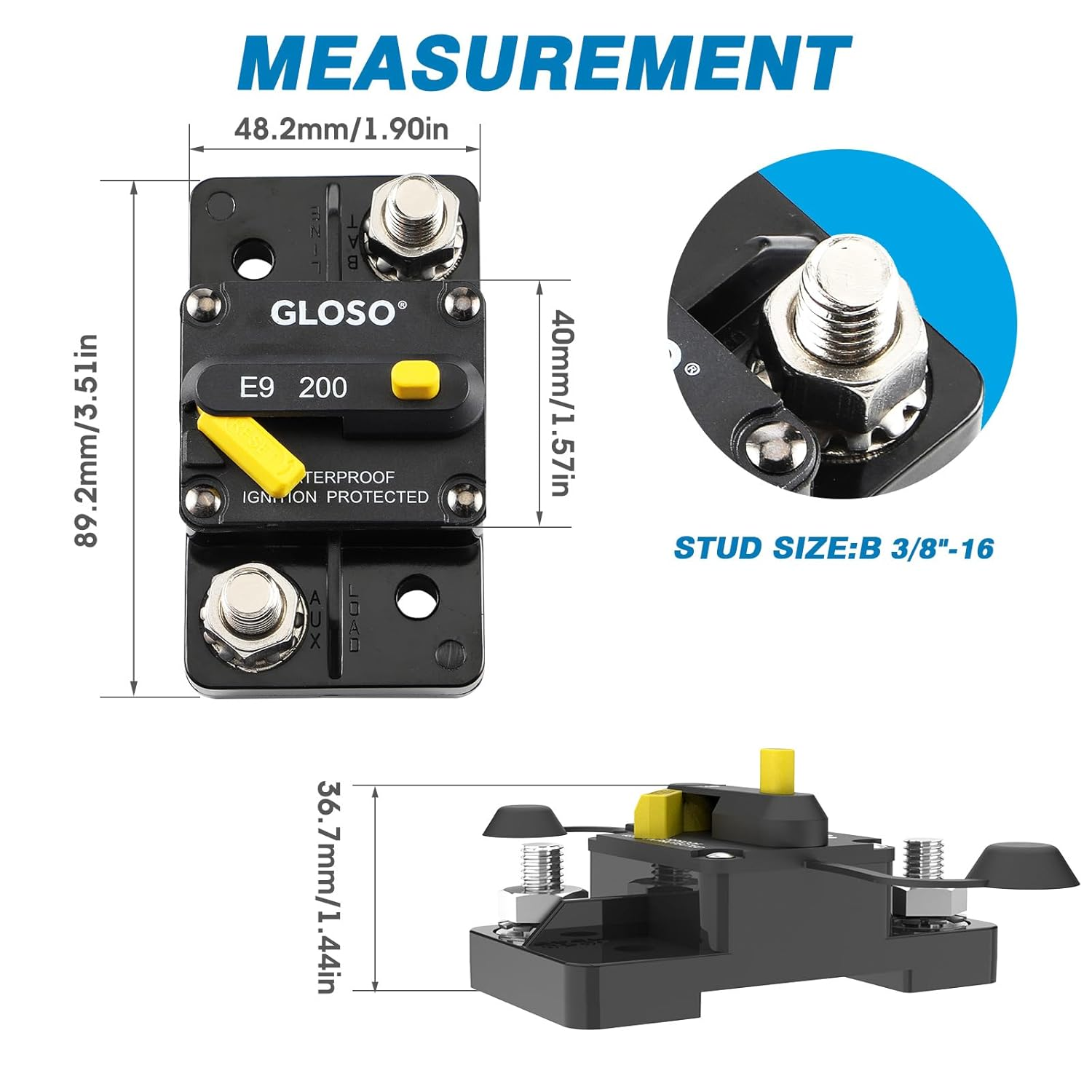 GLOSO E93 100A Circuit Breaker Waterproof IP67 Extended Surface Mount 3/8" Diagonal Stud for Marine RV and Truck Applications 12V-48V DC Protection (100A) image number 3