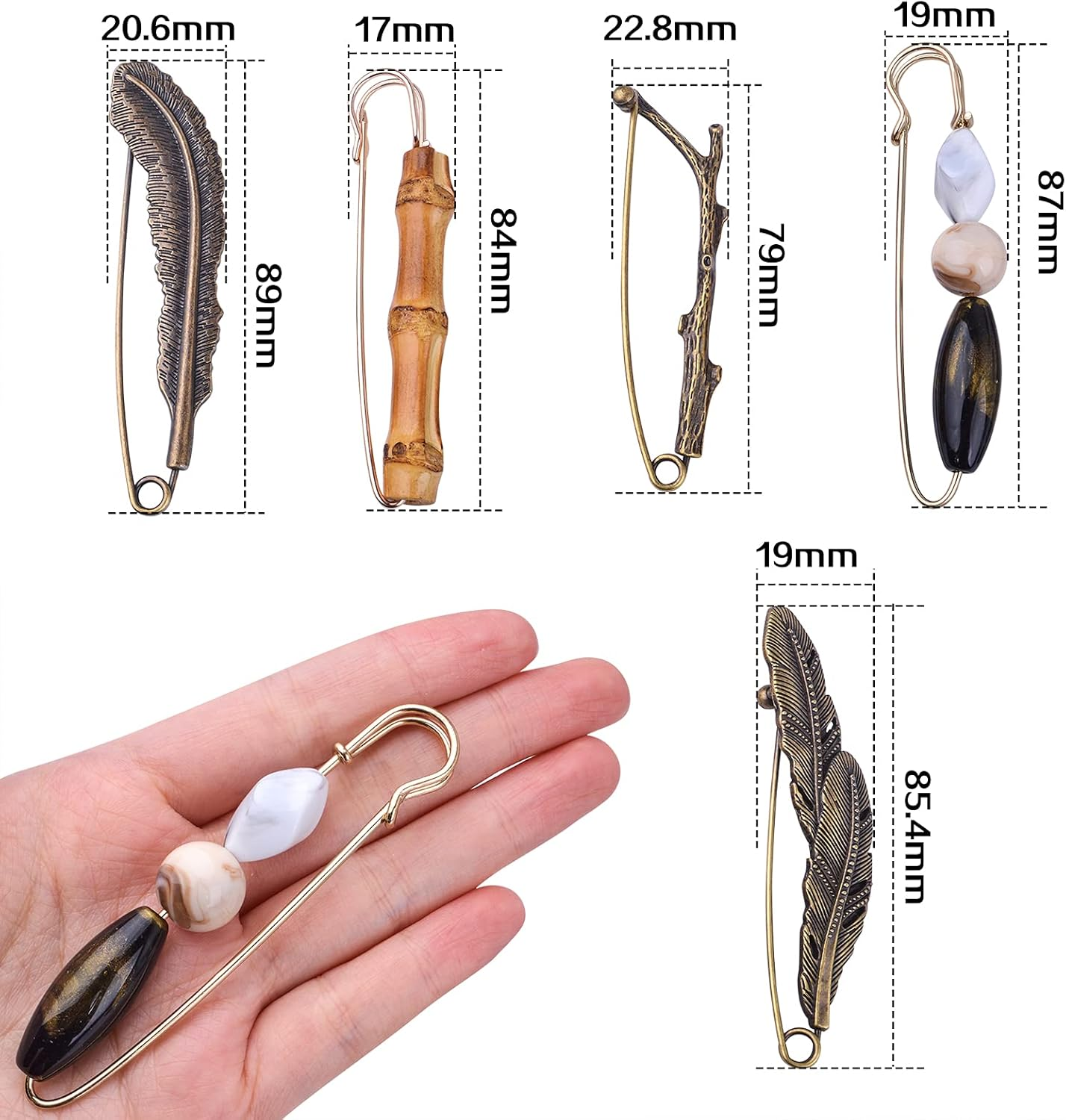 5Pcs Vintage Chic Brooch Extra Large Safety Pins Heavy Duty Safety Pins Accessories for Women Men Clothing Sweaters Shawls Collars Scarf Blankets Crafts, 5 Styles, Large, Metal image number 1