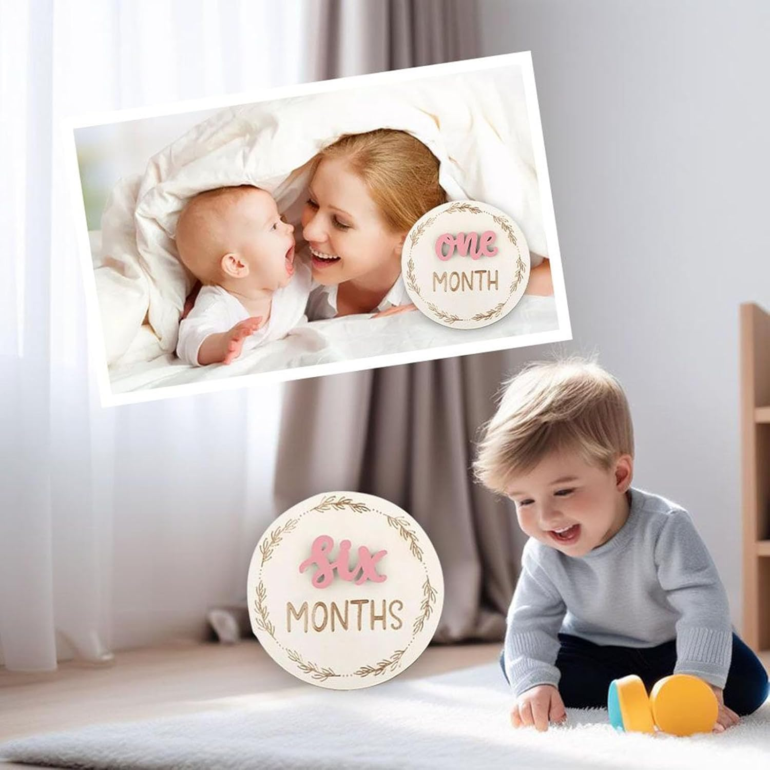 Baby Monthly Announcement Card, 3D Monthly Photos Marker Disc, Decorative Wooden Birth Growth Cards, Reusable Month Marker Discs for Kids Room Nursery Living Room - Green image number 3
