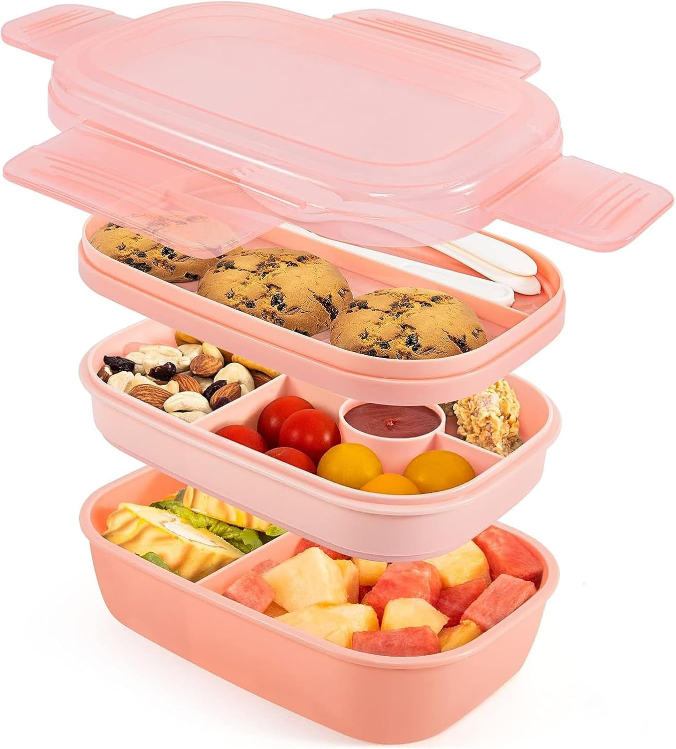 Uandhome Bento Box Adult Lunch Box ，72Oz Stackable Bento Lunch Box for Adults, 3 Layers Bento Lunch Containers Leak-Proof Lunchbox with Utensil Sauce Dressing Containers for Dining Out,Work (Pink) image number 3