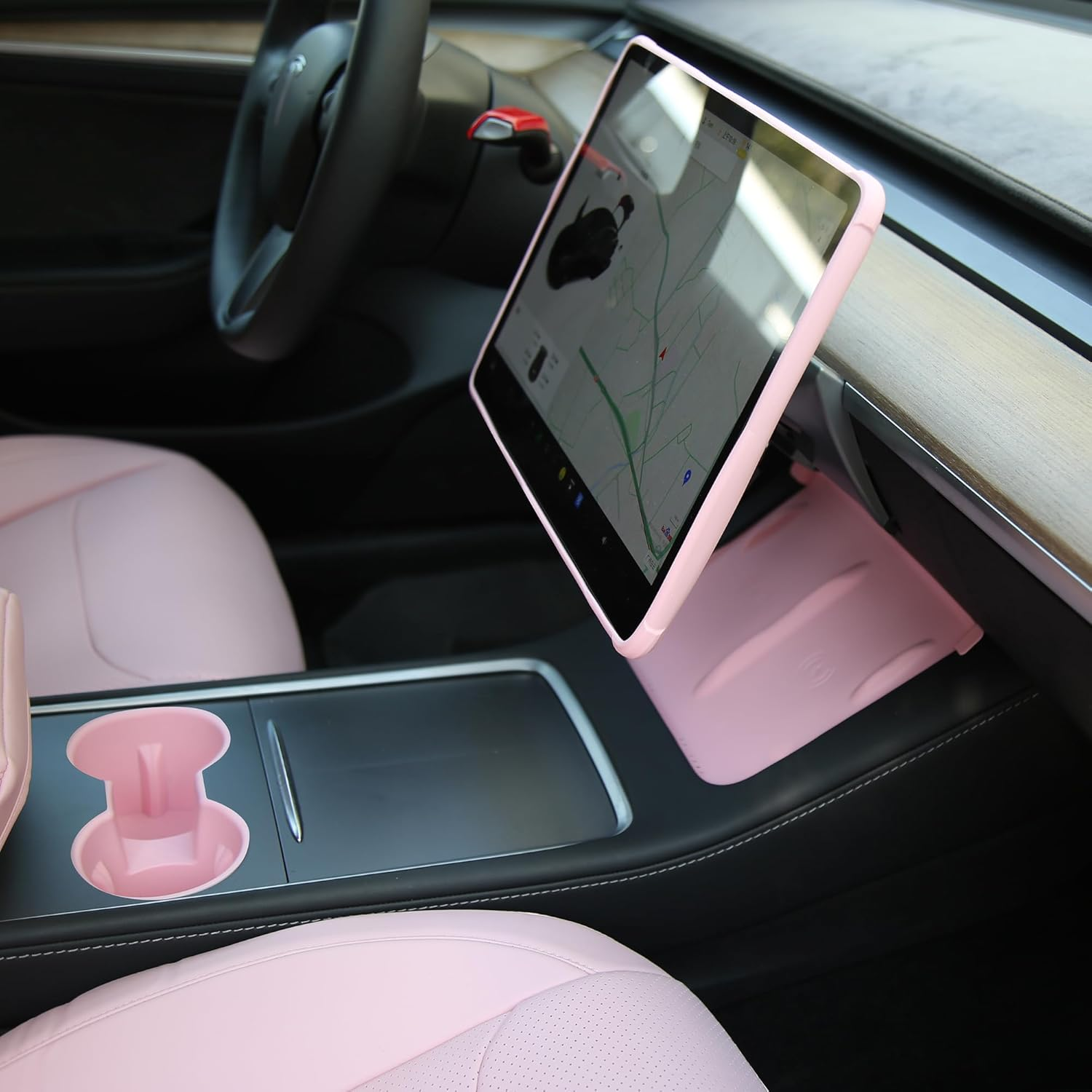 TOPABYTE 3PCS Center Console Accessories for Tesla Model Y 2021-2024 and Model 3 2021-2023 Cup Holder Insert, Screen Edge Protector Frame, Silicone Wireless Charger Mat, Pink image number 7