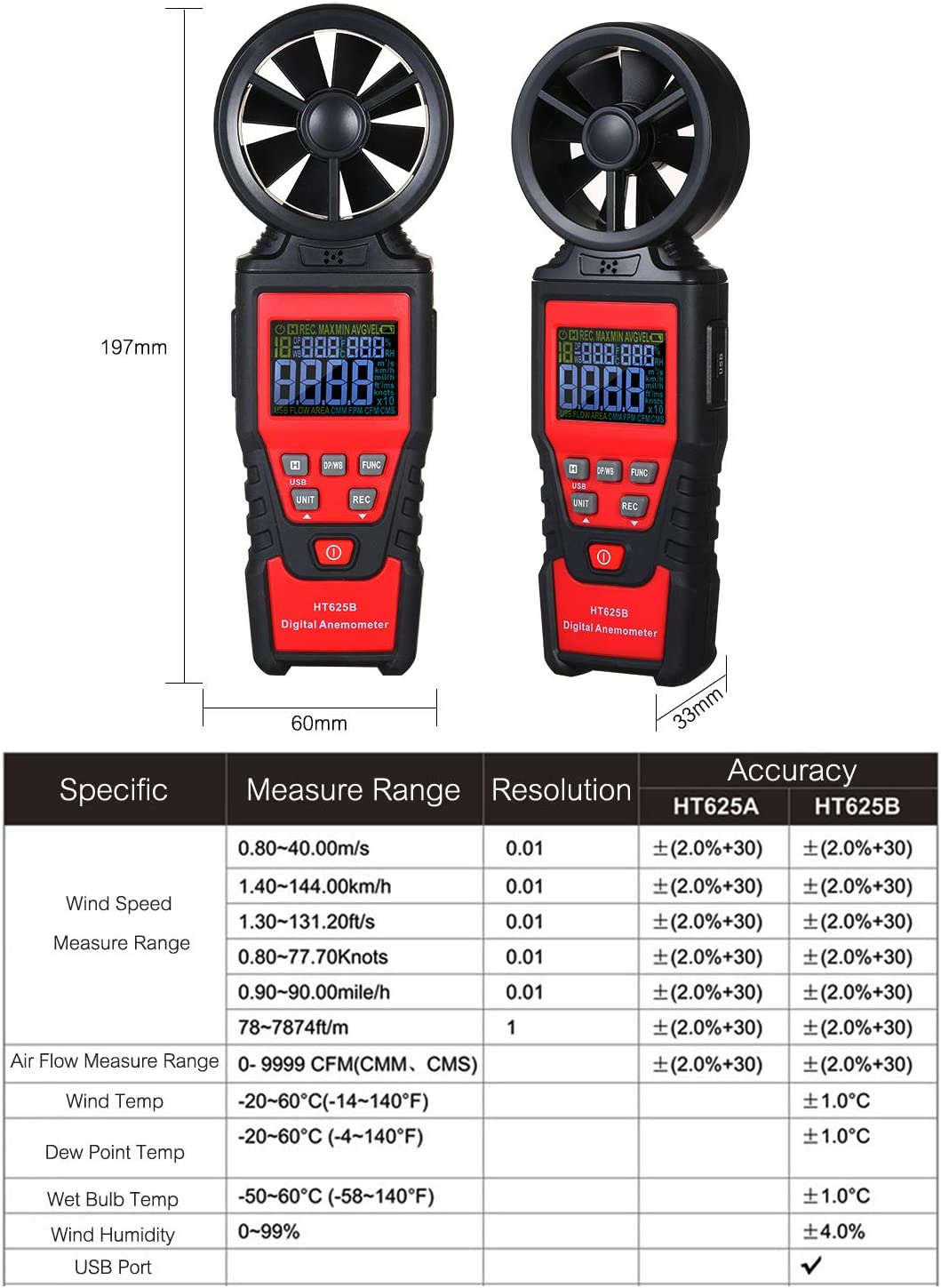 AUTENS Digital Anemometer Humidity Temperature Testers with USB Data Logging, LCD Color Screen, Wind Speed Meter Air Flow Meters for Measuring Wind Speed, Air Volume, MAX/MIN/AVG and Data Hold image number 4