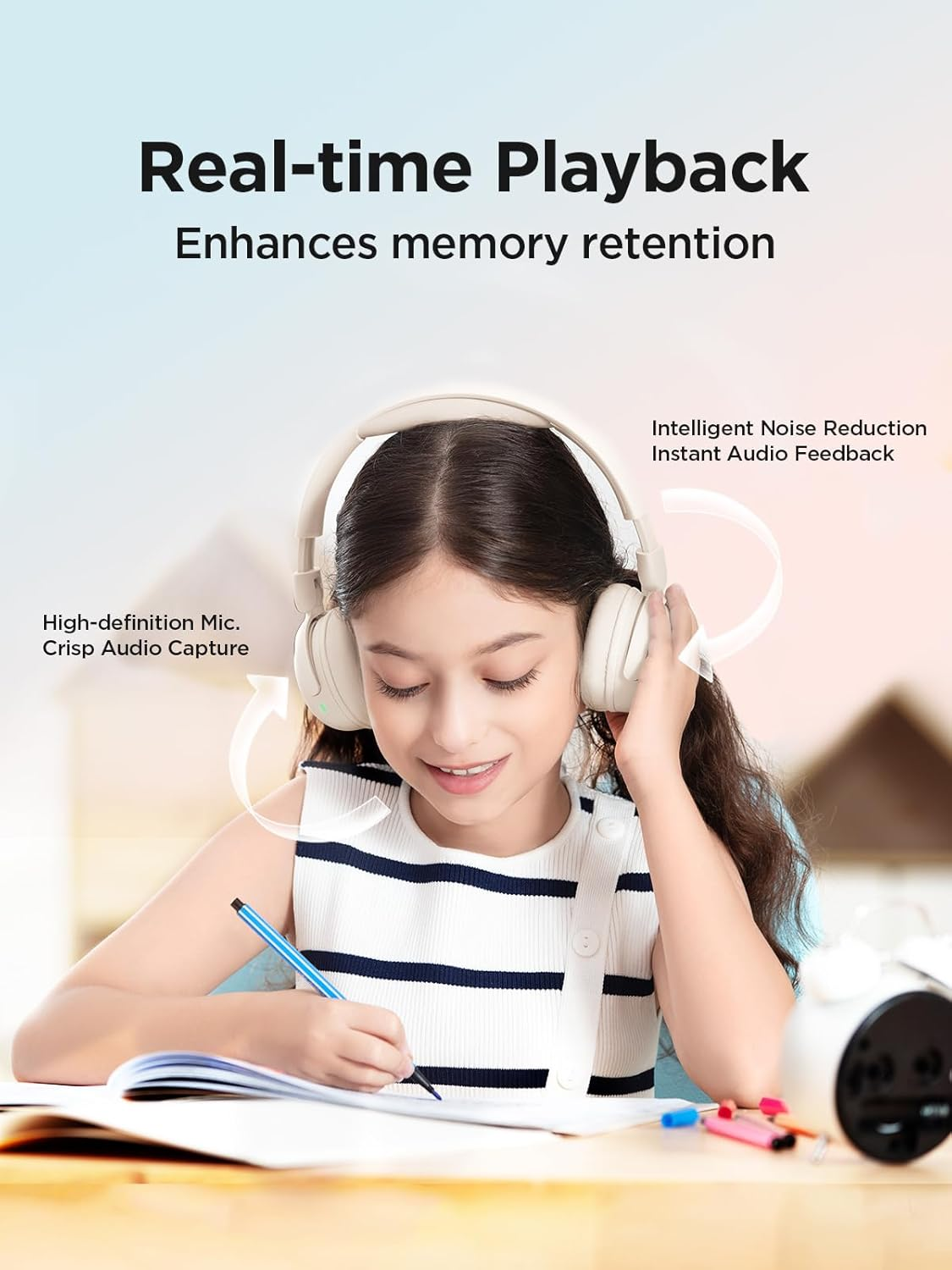 1MORE Kids Headphones Wireless, Sonoflow Mini Hearing Protection Study Headphones, Bluetooth Headphone over Ear, Kids Headset, Safe Volume 75/85/90 Dba, 65H Play Time, Fast Charging (White) image number 6