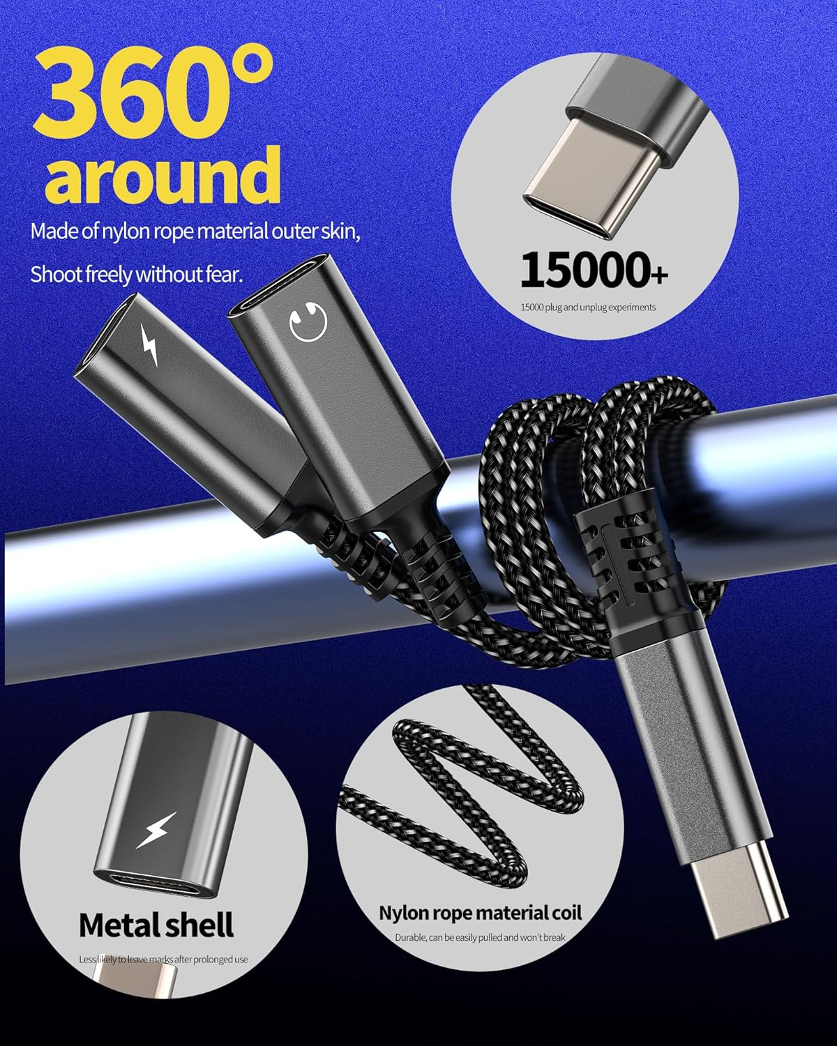 USB C Splitter Type C Headphone Adapter 2-In-1 for Iphone 16 15 Pro Max DAC Audio Charger Cable for Apple Compatible with Samsung Galaxy for Ipad Air 4 Dual Port Dongle Charging Earphone AUX Connector