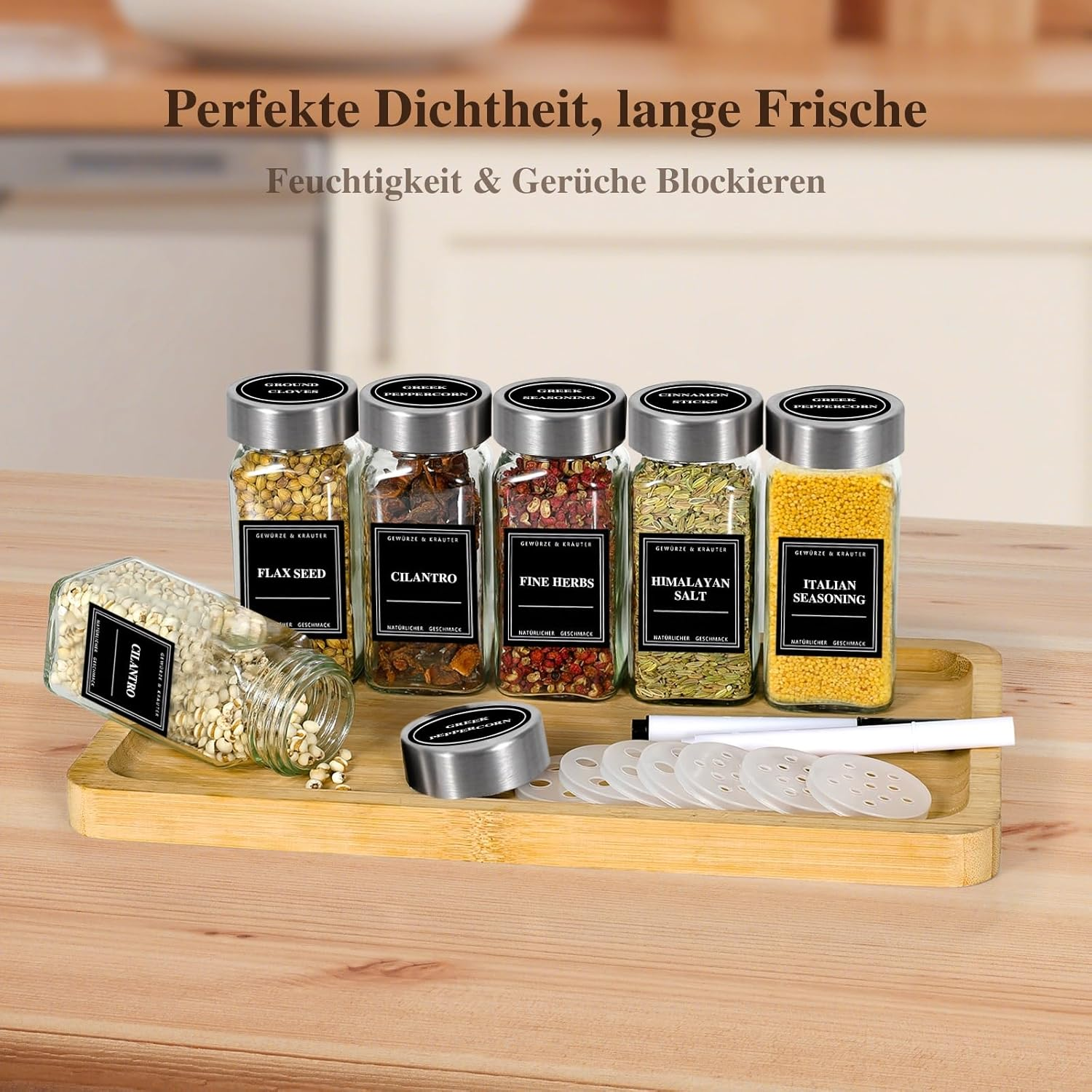 Coolnovel&reg; Spice Jars Set of 24 [120 Ml, Square & Airtight] with Stainless Steel Lids, Labels and Shaker Inserts - Glass Spice Jars Including Funnel & Cleaning Brush - Spice Storage, Spice Jars image number 3