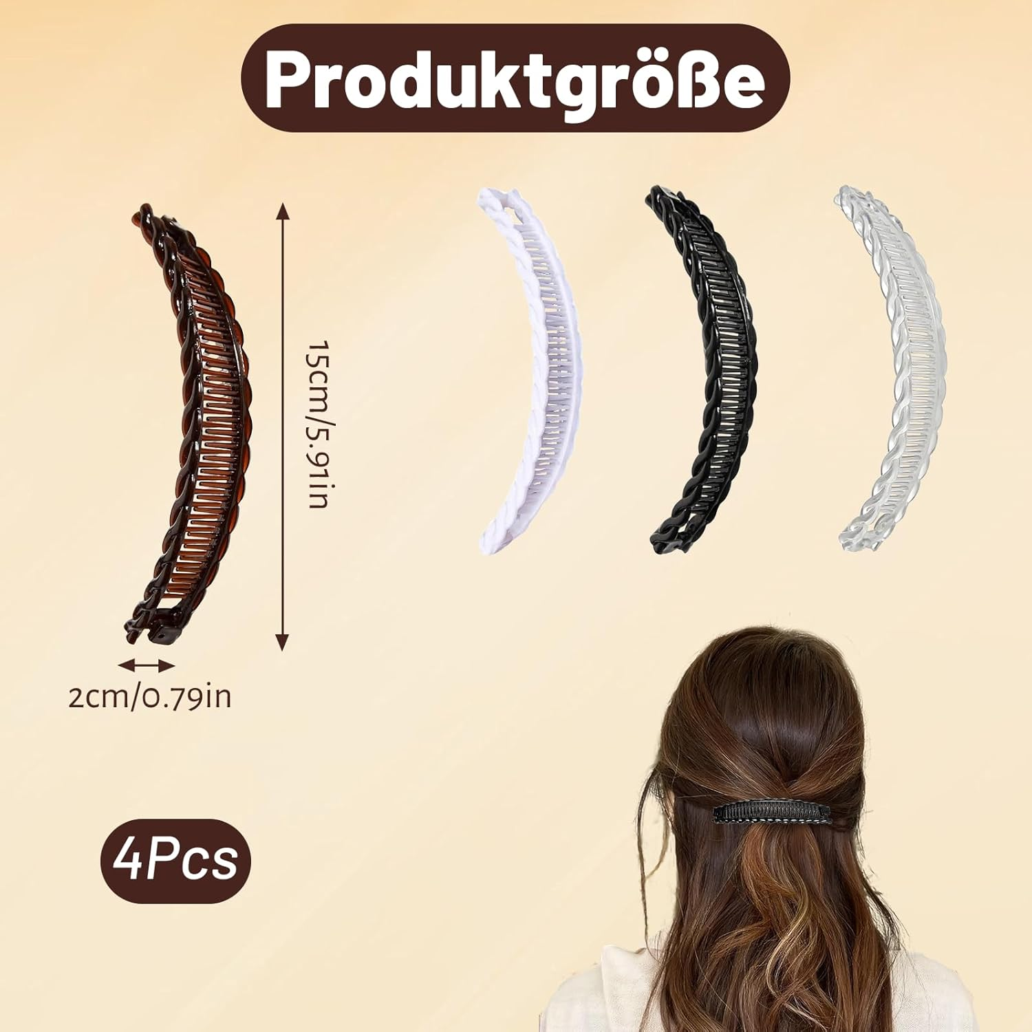 Set of 4 Banana Hair Clips, Banana Hair Clips for Women, Banana Clip Hair for Long Hair, Banana Clip Hair with Stable Hold, Women'S Hair Clips, Black, Brown, White and Transparent image number 2