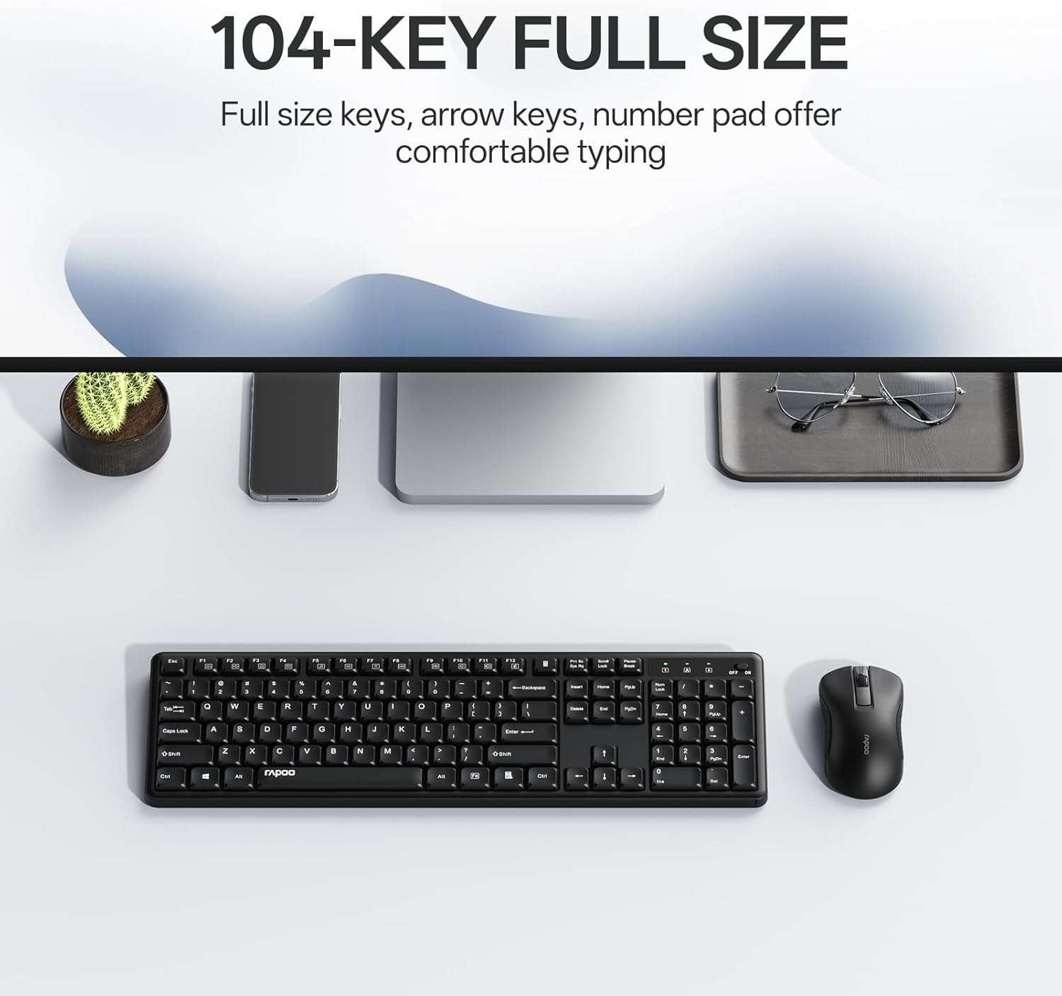 Rapoo X2100 Quiet Wireless Keyboard and Mouse Combo, 2.4Ghz USB Receiver, 12 Multimedia Keys, Spill-Proof, Full-Sized, Compatible with PC, Laptop, Black