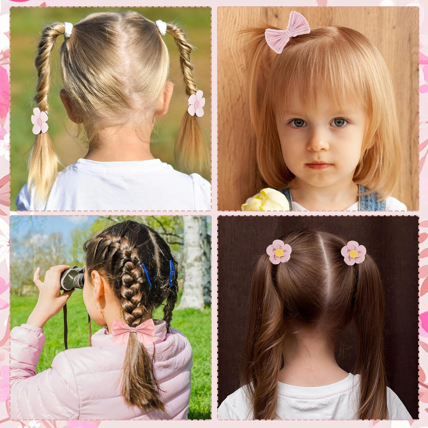 Pack of 10 Cute Hair Bobbles with Bow, Pink Elastic Hair Bands, Cute Flower Hair Scrunchies for Baby Girls, Toddlers, Accessories image number 3