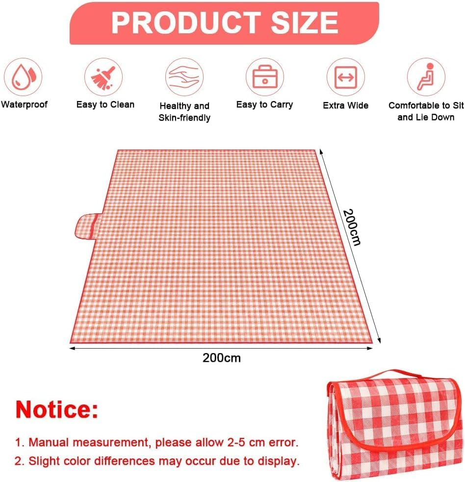 Extra Large 200X200Cm Picnic Blanket, Foldable Waterproof Mat for Camping, Beach, Park, Family & Outdoor Enthusiasts, Lightweight Portable with Carry Handle, Red/White Grid Design