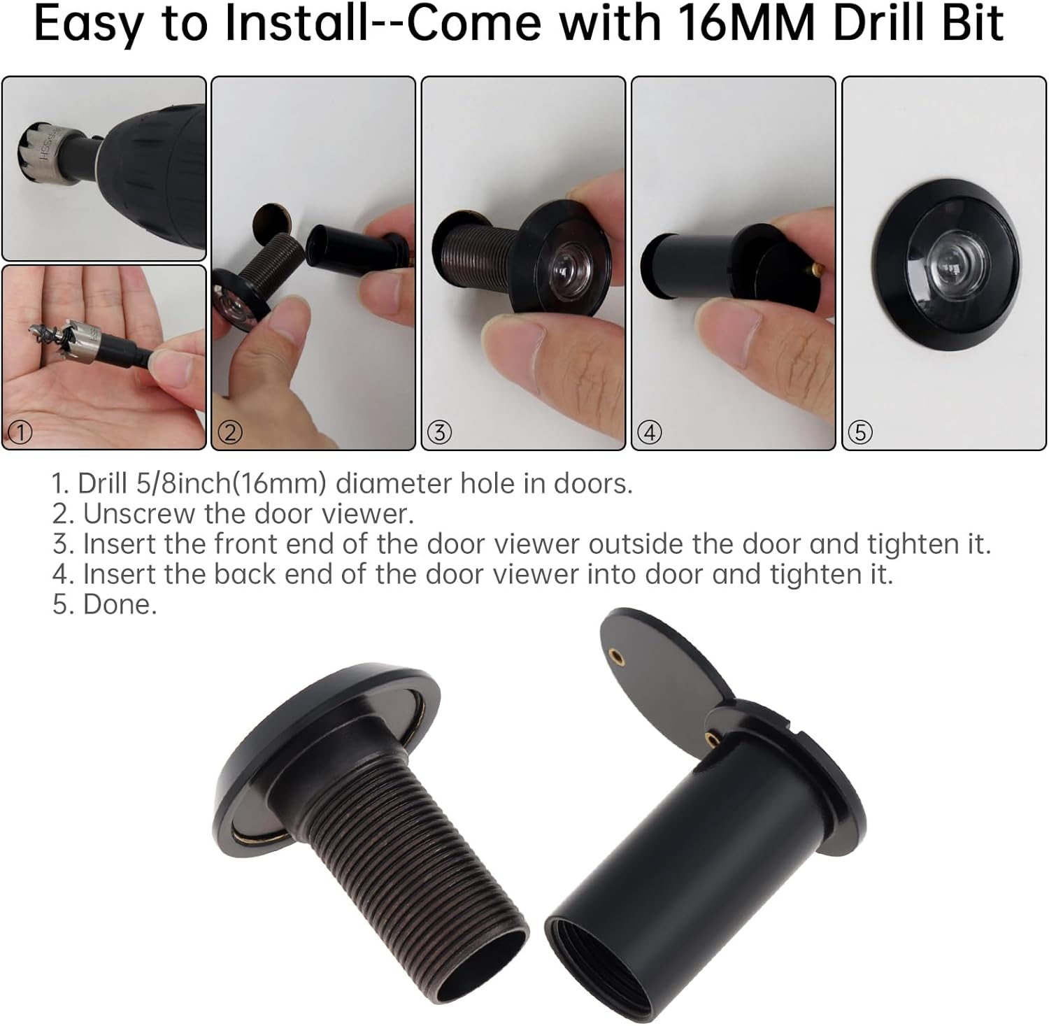 HOJLKLD Door Viewer Peephole,Solid Brass 200 Degree Peep Hole with 16 MM Drill Bit for 1-1/2" to 2-3/8" Doors,5/8 Inch Pipe Diameter Door Eye Viewer with Privacy Cover (1, Black) image number 4