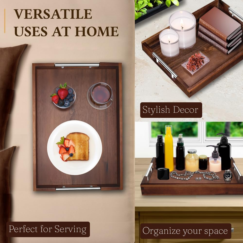 Swyftee Serving Tray with Handles &ndash; 17 X 12 X 2 Inch Dark Brown Acacia Wood Ottoman Tray Table Trays Decorative &ndash; Coffee Tray Wood Decor for Kitchen &ndash; Breakfast in Bed Tray with Silver Metal Handles image number 5