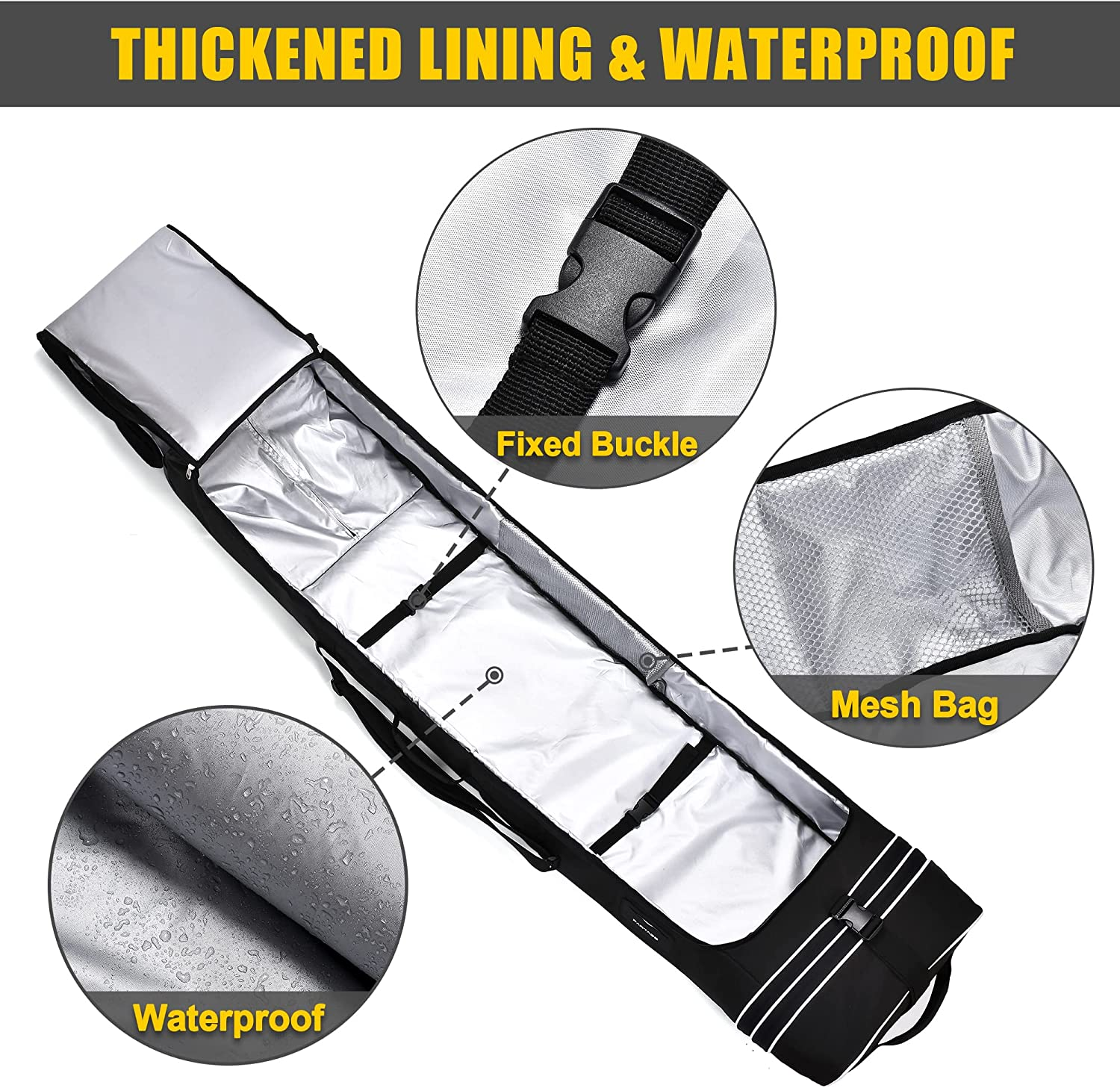 Snowboard Bag with Wheel, Store & Transport Snowboard up to 170 Cm, 600D Waterproof Oxford -Black image number 2