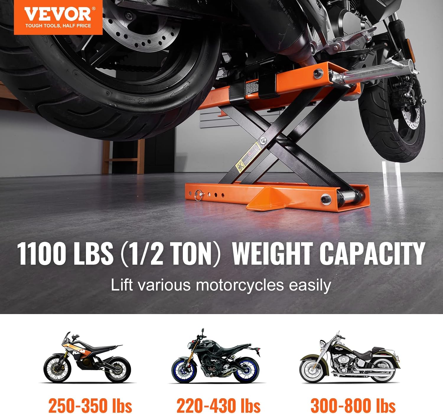 VEVOR Motorcycle Lift, 1100 Lbs/0.5 Ton Capacity, Steel Scissor Lift Jack with Non-Slip Saddles & Safety Pin, Folds for Storage, for Street, Cruiser & Touring Motorcycles image number 4
