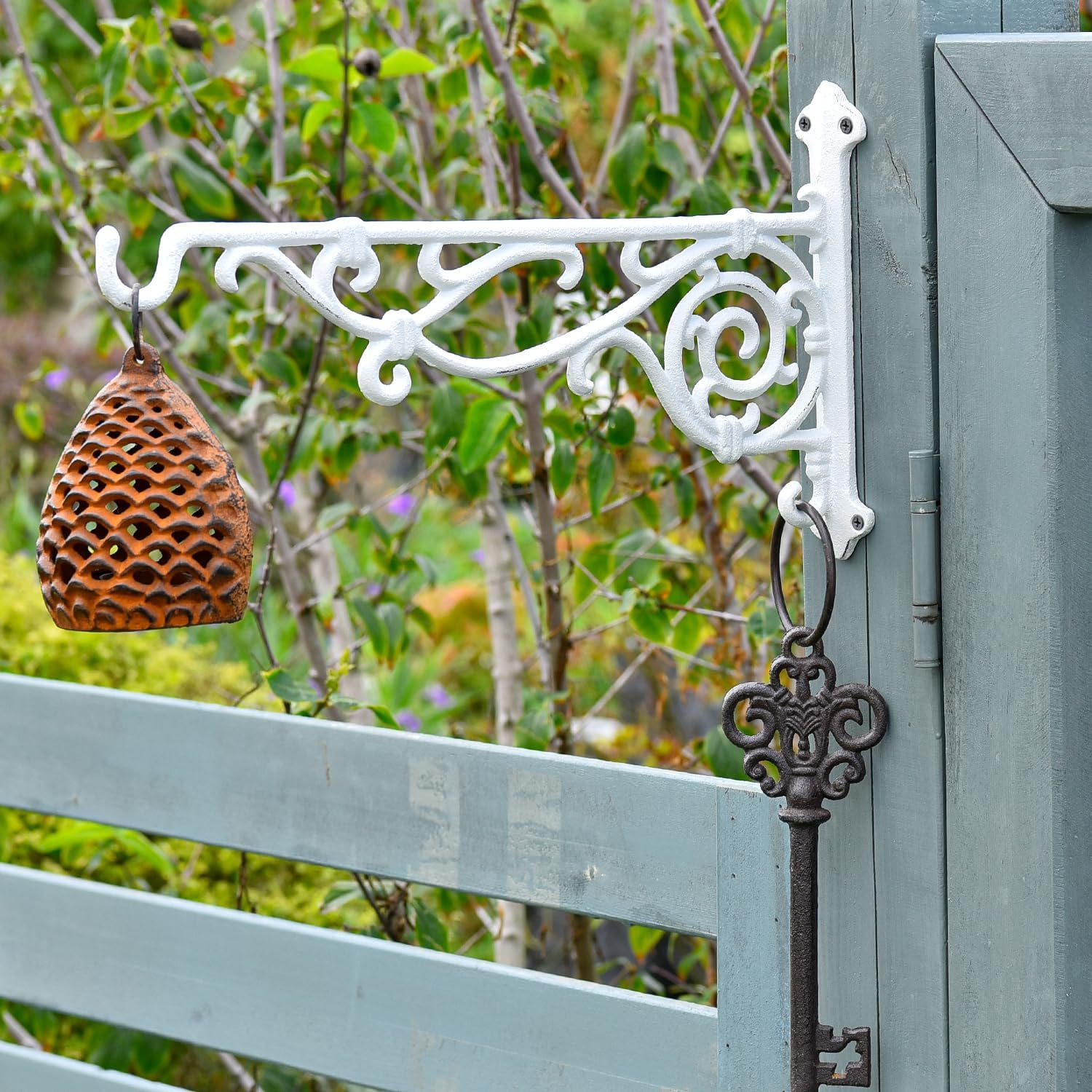 Sungmor Cast Iron Hanging Plant Bracket, 16.5" Large Outdoor Wall Plant Hangers, 2Pcs White Heavy Duty Hanging Basket Hooks, Decorative Hooks for Flower Pot, Lantern, Wind Chime, Hummingbird Feeder image number 2