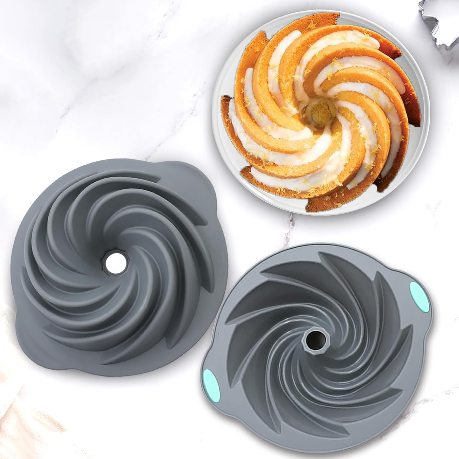 Tongjude 4 Pieces Silicone Fluted Cake Pans, 10/12 Cups Tube Baking Pan, Silicone Molds for Homemade Cake, Bread and Jello, Non-Stick, Grey image number 5
