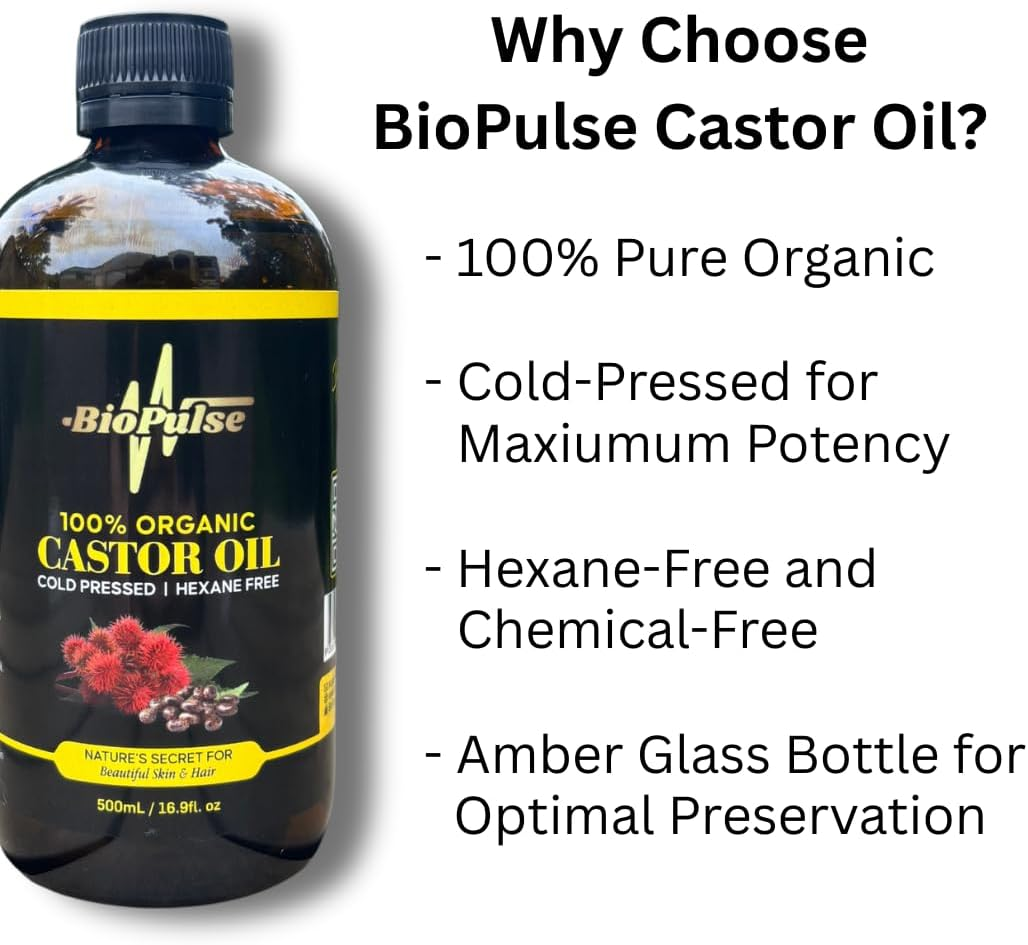 Biopulse Organic Castor Oil, 100% Pure Cold-Pressed, Hexane-Free - Stimulate Hair Growth & Hydrate Skin, Nourish Eyelashes, Brows & Nails with Natural Moisturising Oil (500Ml Glass Bottle) image number 1