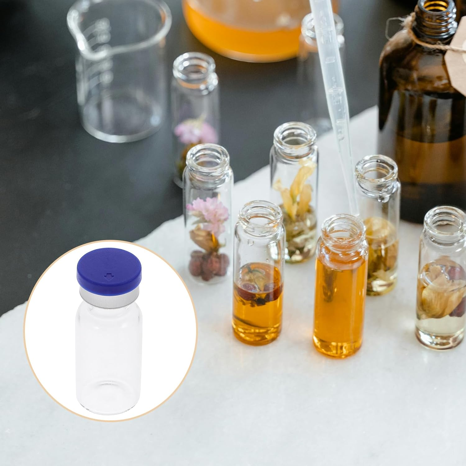 MUCKLILY 12 Pcs Clear Glass Vials Glass Headspace Vials with Plastic-Aluminum Flip Caps and Rubber Stoppers Flat Bottom Lab Vials 3Ml image number 3