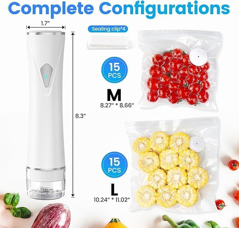 Vacuum Sealer for Food with Juice-Collector, Handheld Compact Food Saver Vacuum Sealer Machine with 30 Bpa-Free Reusable Bags, White (15 Medium Size + 15 Big Size)