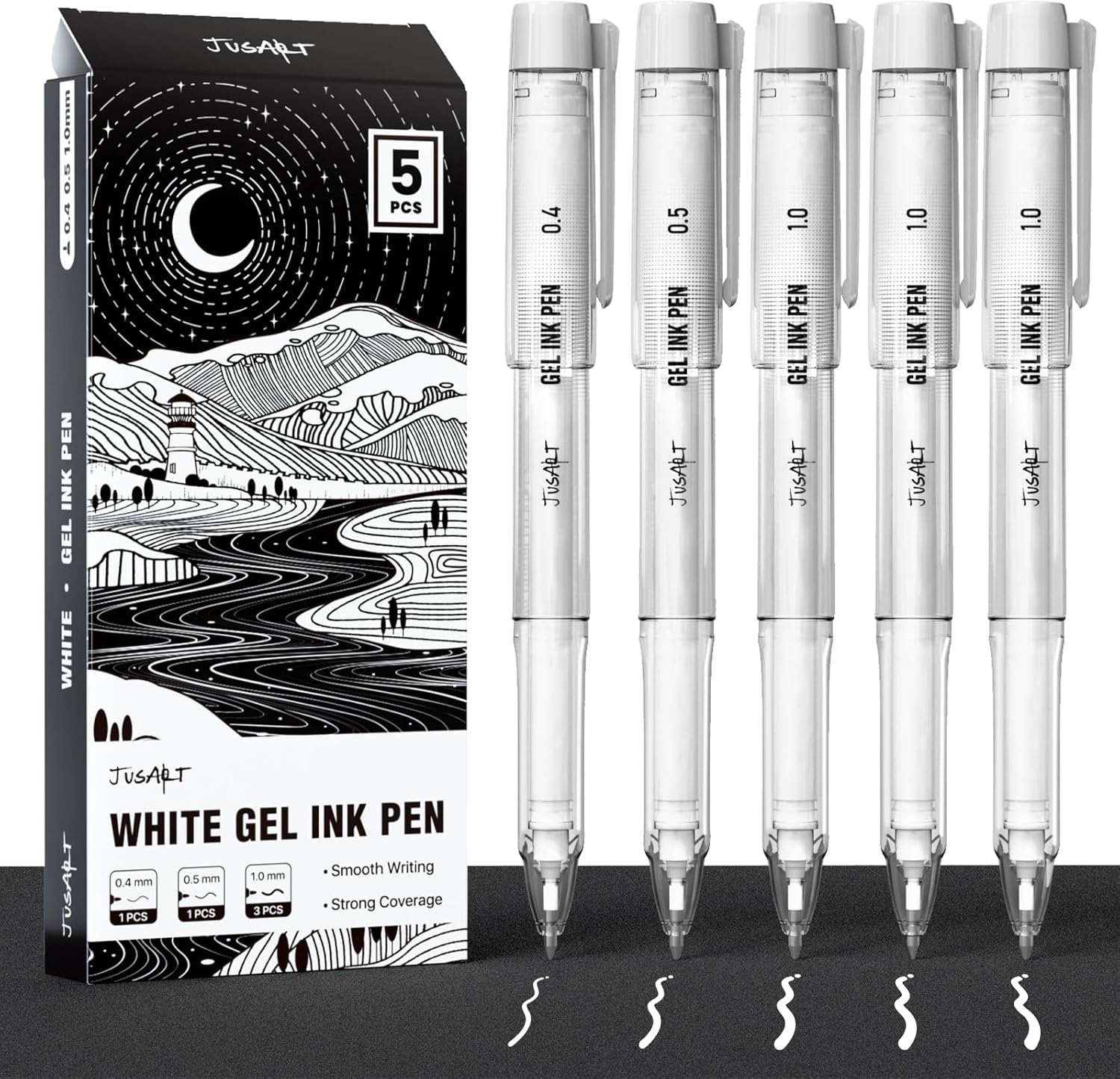 Jusart White Gel Pens with 0.4Mm, 0.5Mm & 1.0Mm Assorted Tips, Opaque White Ink Pens for Black Paper, Drawing, Journaling & DIY Crafts, Ideal Drawing Pens for Artists & Art Supplies, 5 Pack