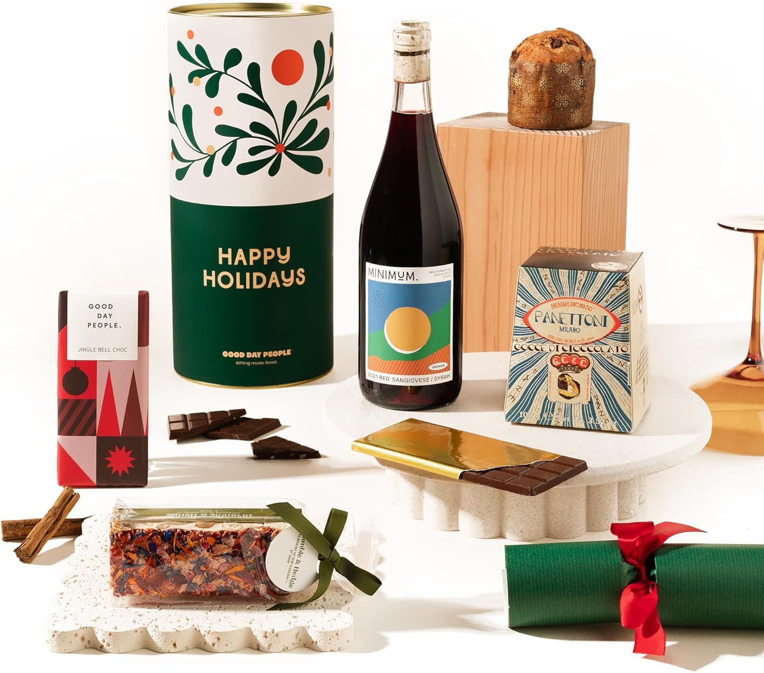 Festive Christmas Hamper | Chrissy Missy Gift Hamper by Good Day People | Premium Christmas Hamper, Gourmet Gift Box, Wine & Chocolate Gift Set for the Holidays | with Bramble & Hedge Nougat, Bahen & Co. Chocolate, Italian Panettone & Gourmet Wine Options &ndash; Gift Box for Celebrations & Christmas (Red Wine) image number 3