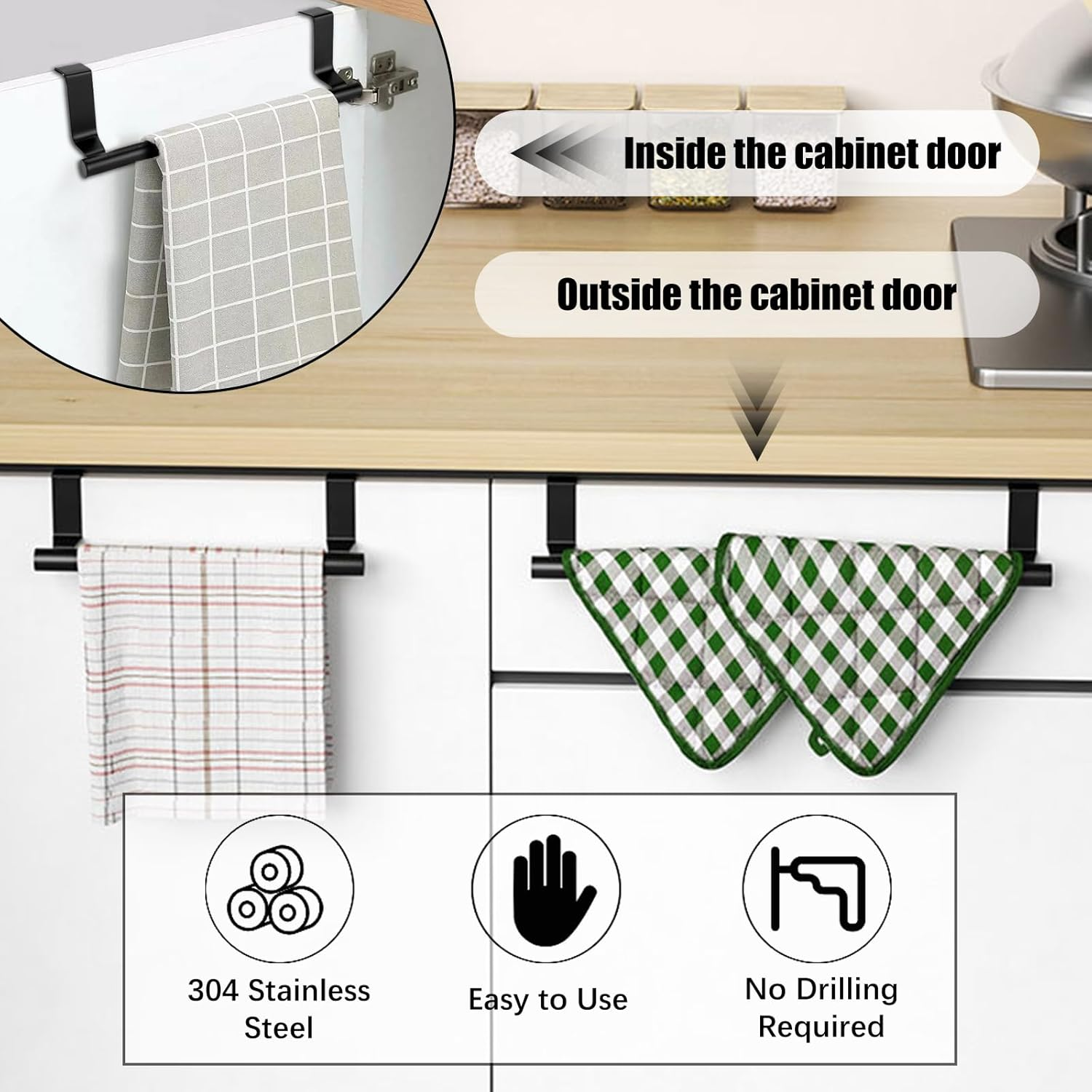 RETON 3 PCS over Door Towel Rack, 9.25 Inch Stainless Steel Cabinet Towel Hanger, Kitchen Towel Bar Holder with Anti-Slip Pads, No Drilling Required (Black) image number 2