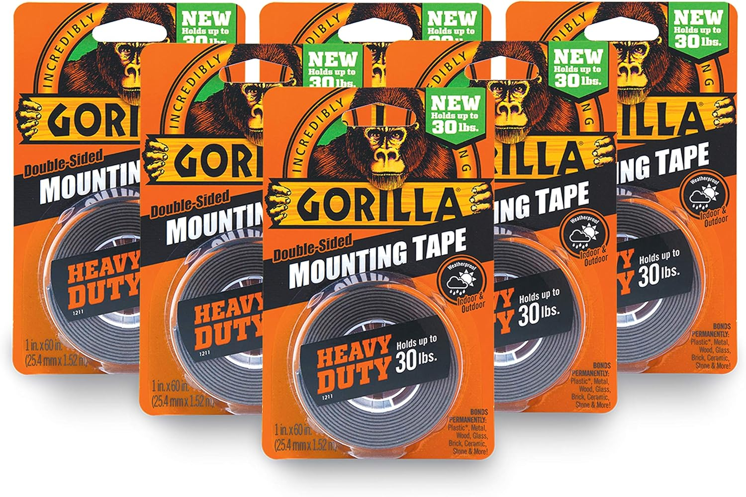 Gorilla Heavy Duty Double Sided Mounting Tape, 1" X 60", Black, (Pack of 6) image number 2