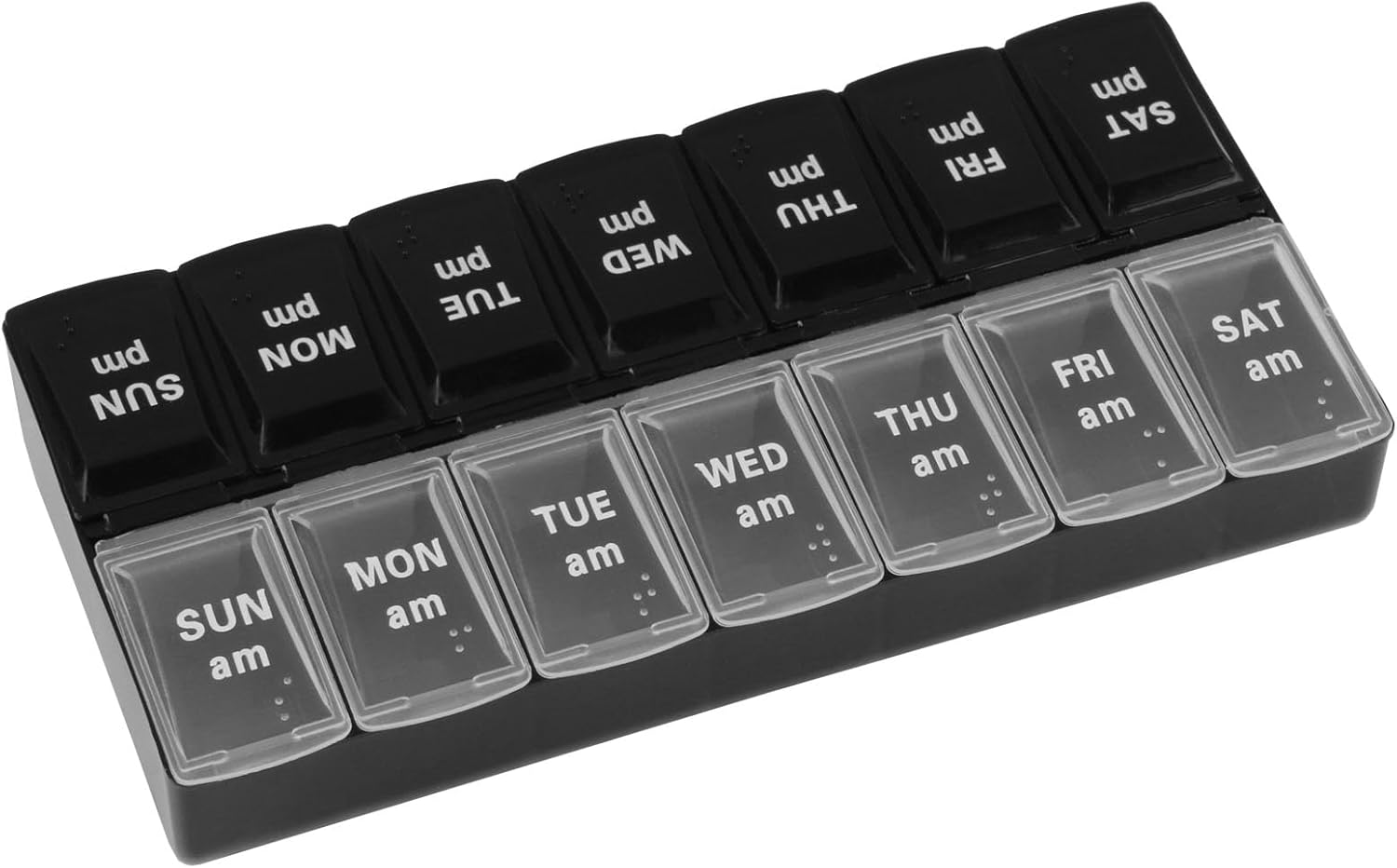 Weekly Pill Organizer, 7 Day Pill Organizer 2 Times a Day, Day Night Medicine Organizer, Pill Box with Simple Button Design for Pills/Vitamins/Fish Oil/Supplements, Black and White image number 1