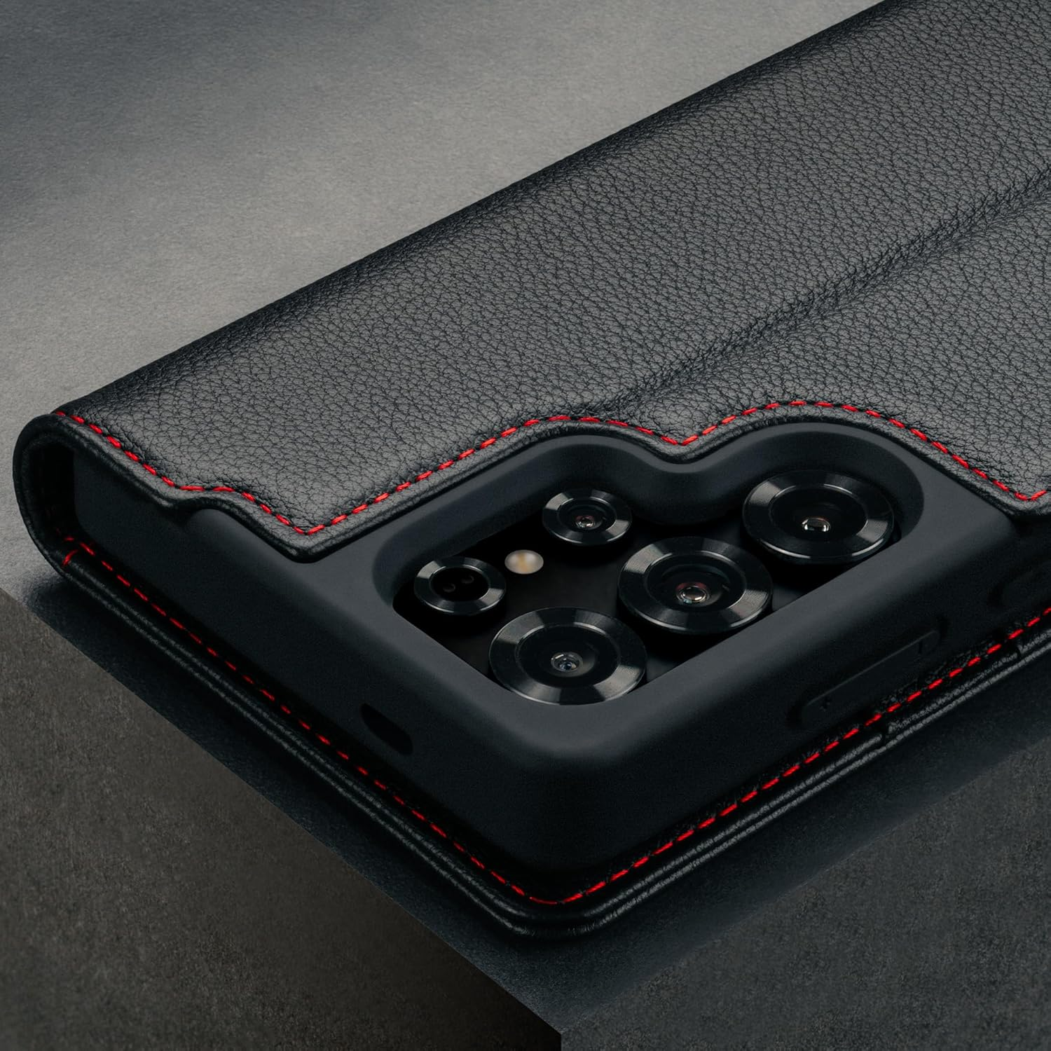 TORRO Leather Case Compatible with Samsung Galaxy S25 Ultra 5G 2025 &ndash; Premium Leather Wallet Case with Kickstand and Card Slots (Black) - Black With Red Detail image number 1