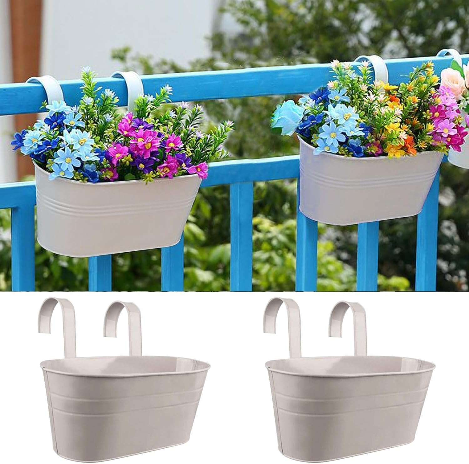 River 2 Pack Metal Iron Hanging Flower Pot, Oval Railing Planter Fence Garden Balcony Planter Hanging Plant Pot Metal Bucket Flower Holders with Detachable Hooks for Outdoor Indoor Home D&eacute;cor(Grey)