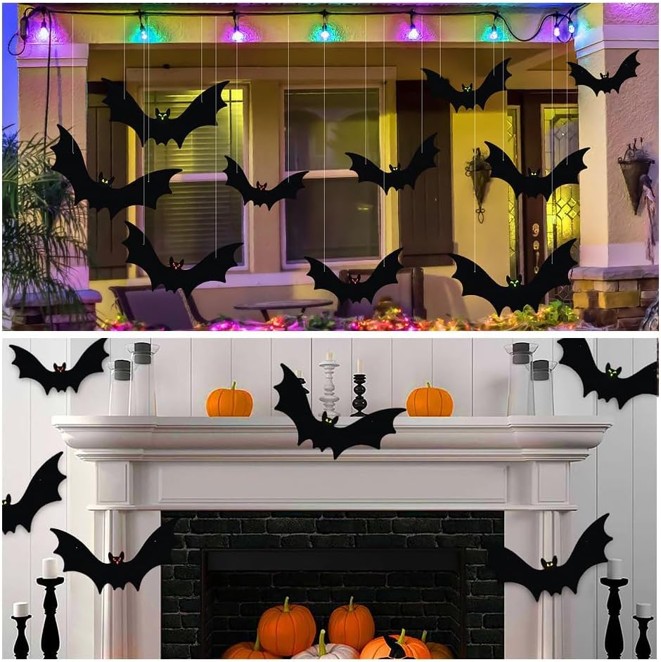 18 PCS Halloween Hanging Bat Decorations: Luminous Eyes & 3D Realistic Scary Styles, 3 Different Sizes Large Fake Black Flying Bats for Yard, Party, Indoor & Outdoor Lawn Decorations image number 3