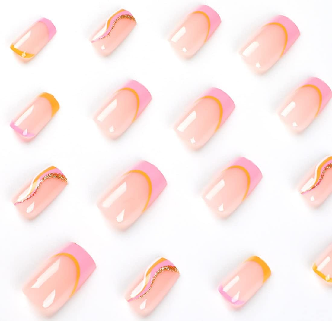 24 Pcs Swirl Square False Nails Short, Rainbow French Press on Nails with Wavy Pattern, Ballerina Acrylic Fake Nails Full Cover Stick on Nails 24Pcs for Women and Girls image number 6