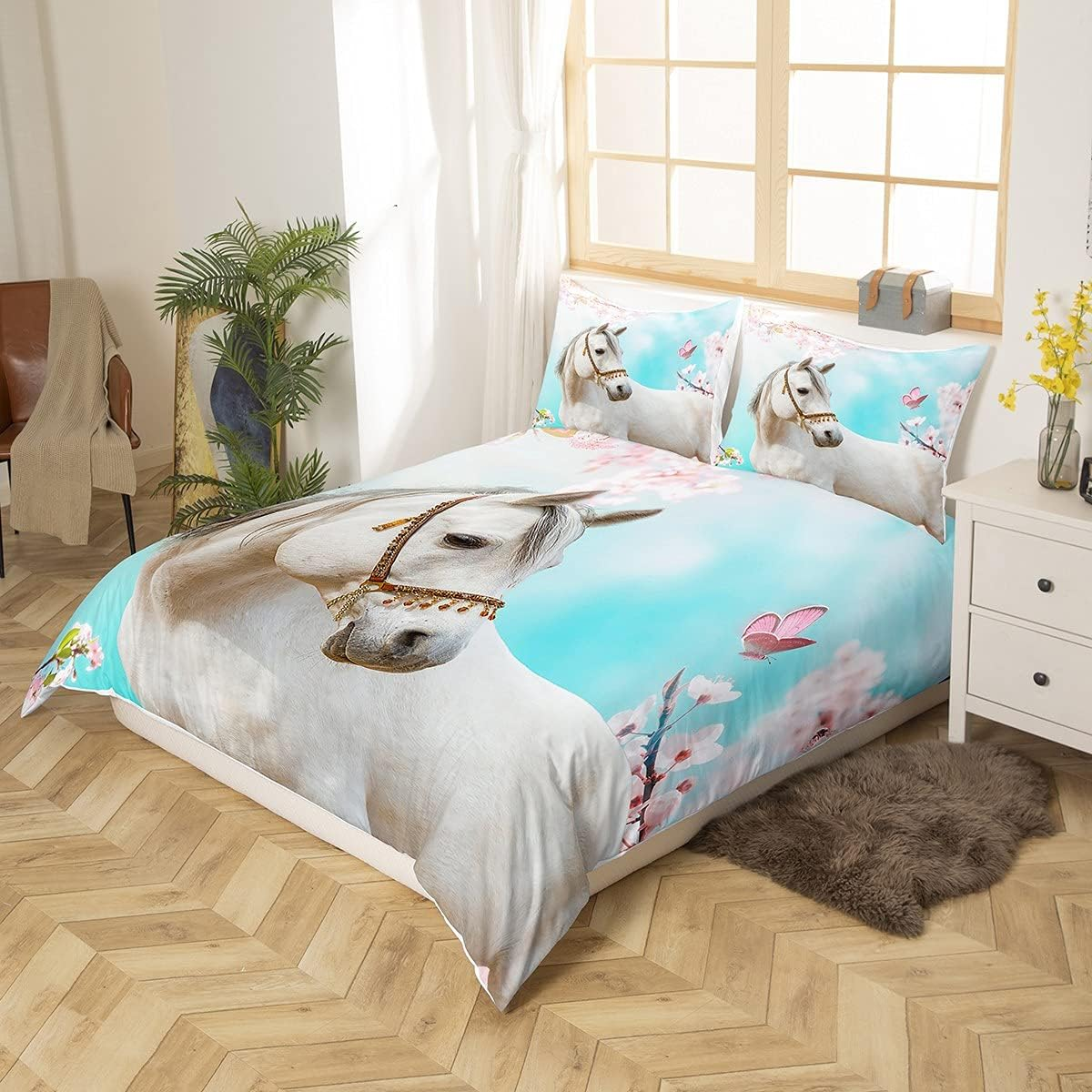 White Horse Print Duvet Cover Set Wild Animal Themed Bedding Set Butterfly Flower Print Bedding Set 135 X 200 Cm for Children Boys Girls Microfibre Nature Themed Room Decoration image number 2