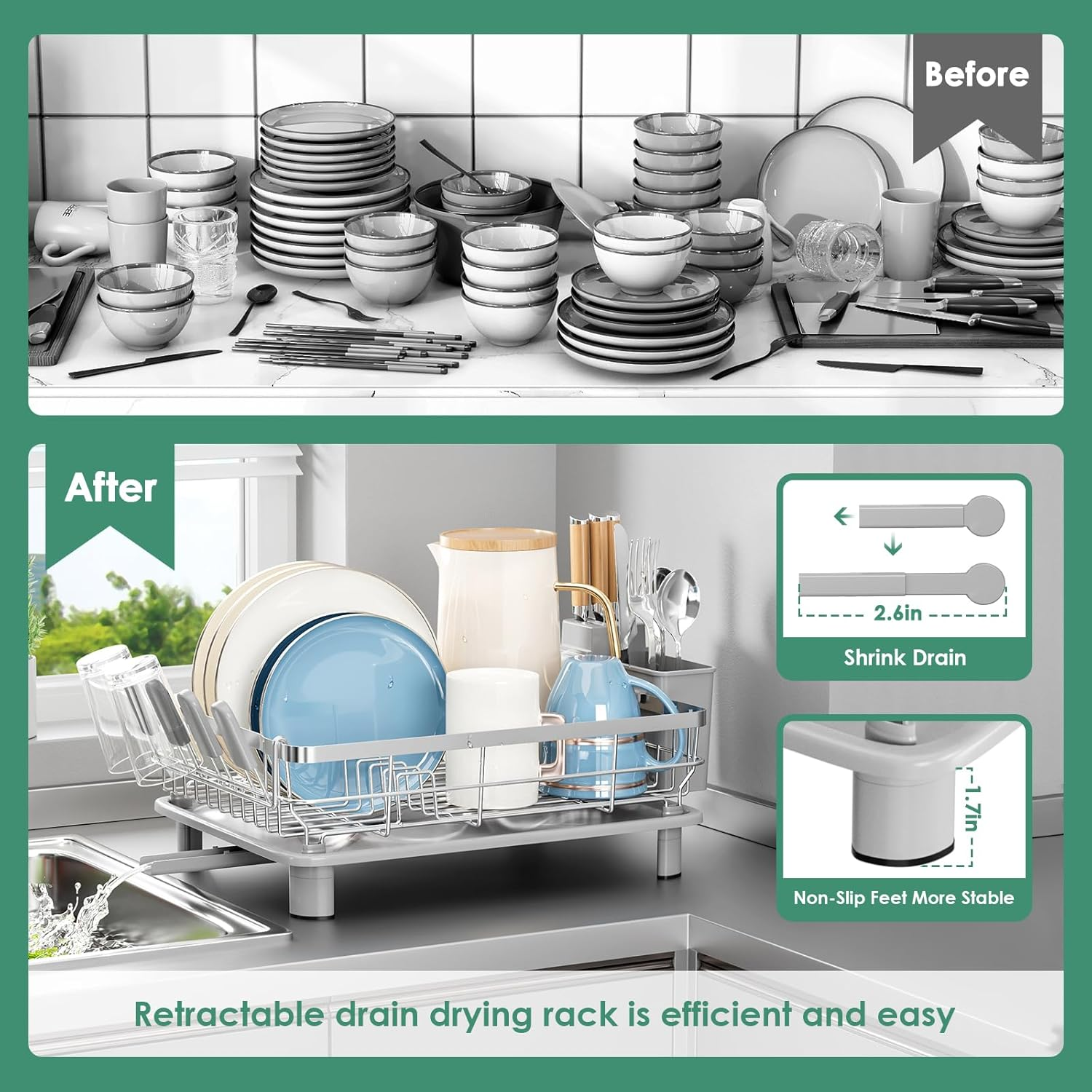 Sandream Dish Drying Rack, Dish Rack, Stainless Steel Dish Drainer for Kitchen Counter, Dish Rack with Draining Tray & Cutlery Utensil Holder, Kitchen Storage & Organisation(Grey) - Black image number 7