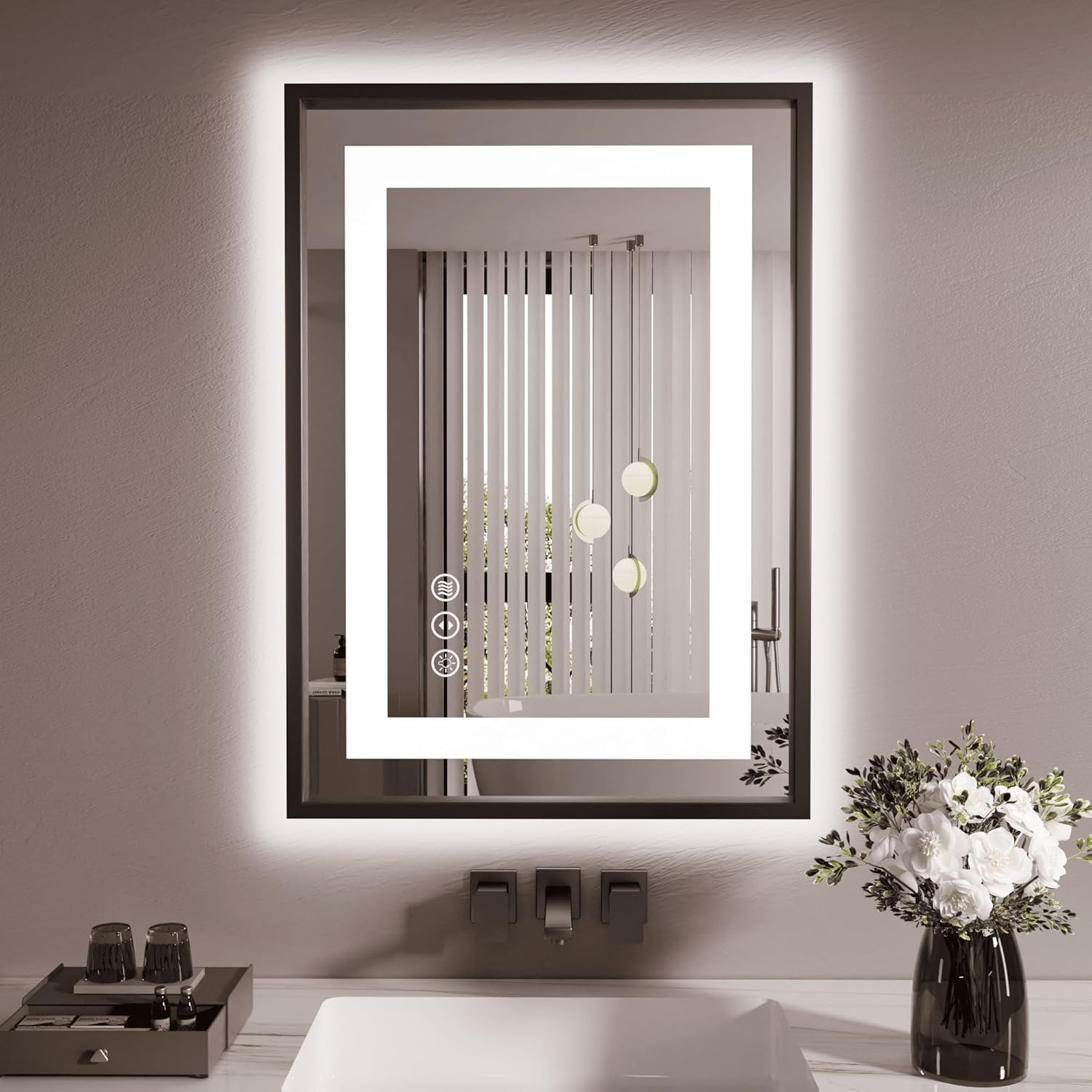 Amorho LED Bathroom Mirror 139X90 CM with Black Frame, Front Light and Backlit, Stepless Dimmable, Anti-Fog, Shatter-Proof, Memory, 3 Color Lighting, LED Wall-Mounted Mirror(Horizontal/Vertical)