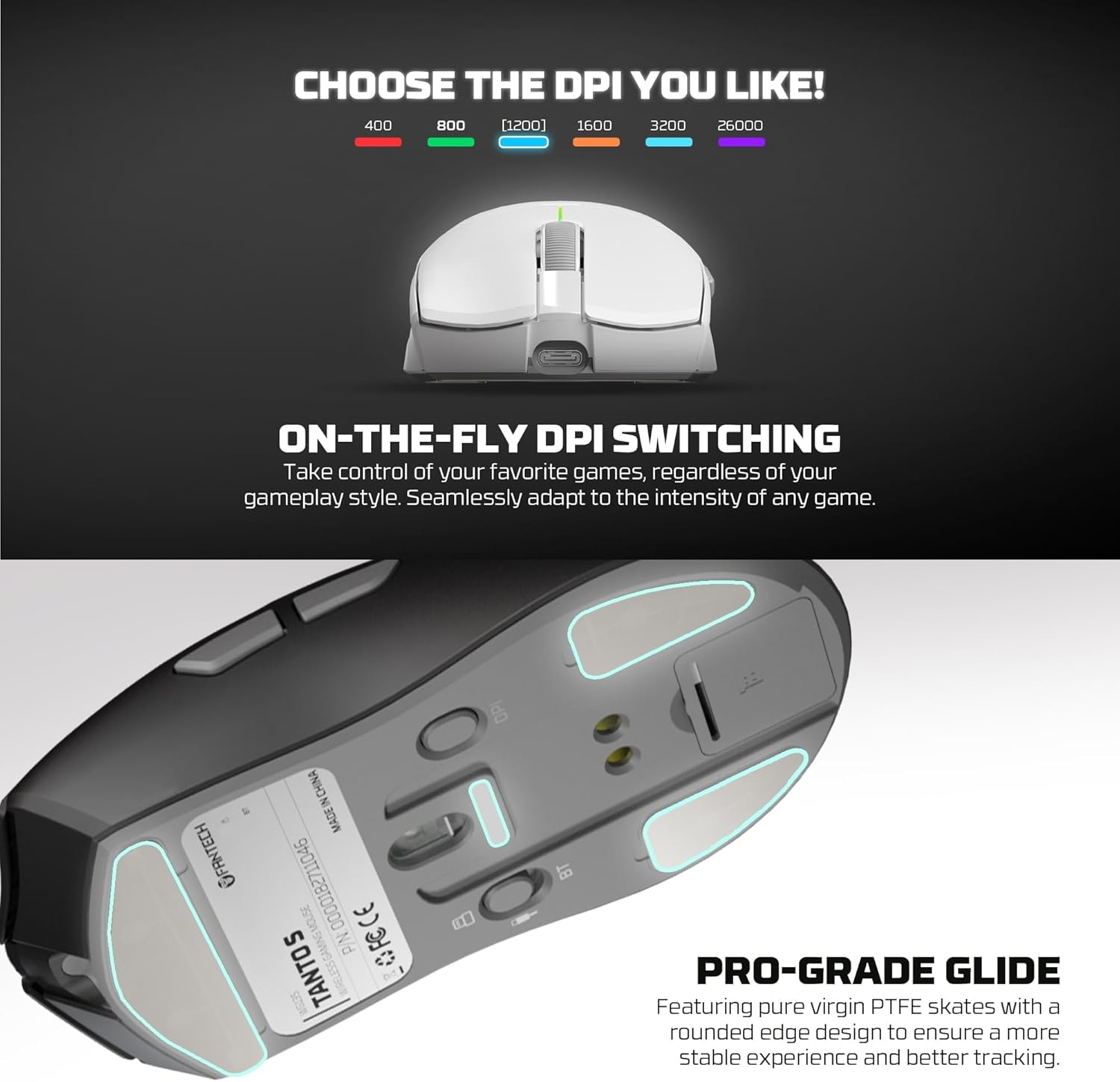 Fantech Tanto S 8K Wireless Gaming Mouse Pixart 3395 Gaming Sensor 26000 DPI, HUANO Switches, Lightweight 58 Grams, 3 Mode Connectivity, RGB Charging Dock - Black image number 3