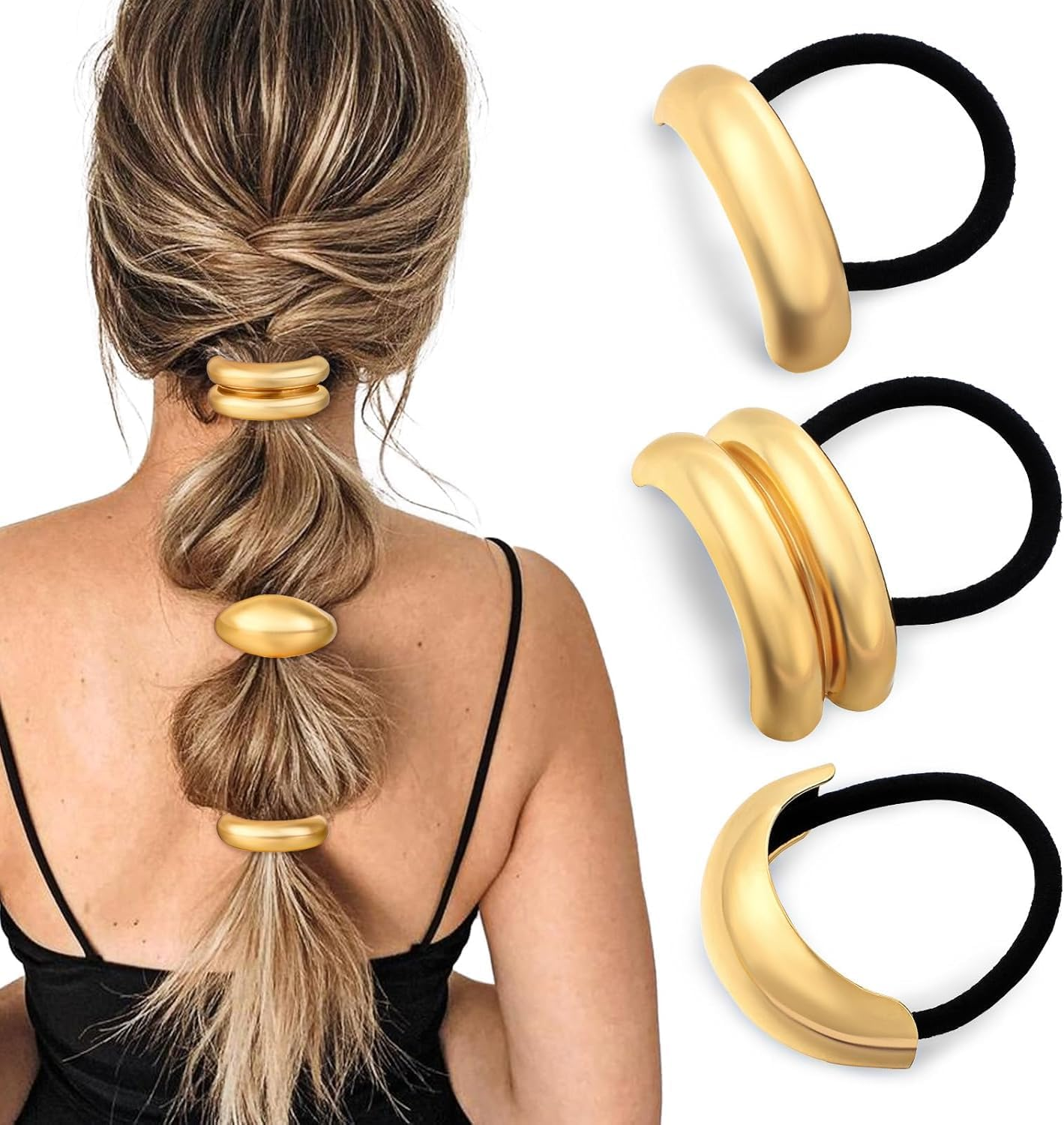 Shoyisenka 3 Pcs Gold Metal Hair Cuffs, Geometric Ponytail Cuff & Elastic Hair Ties, Stylish Hair Bands for Women & Girls, Perfect for Party, Wedding & Daily Use