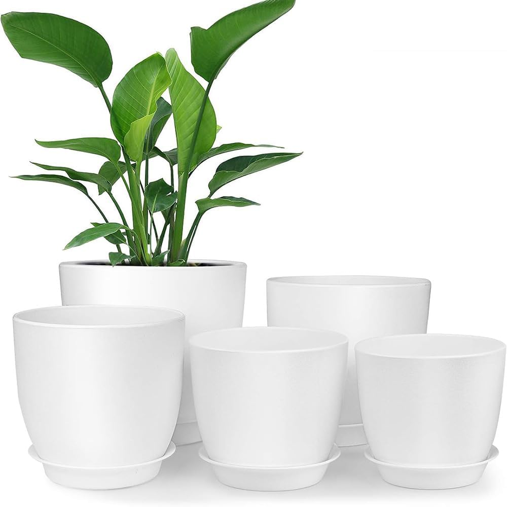 5 Pack Modern Indoor/Outdoor Plant Pots - White Plastic Planters with Drainage Holes & Trays | Decorative Flower Pots for Home Gardening image number 2