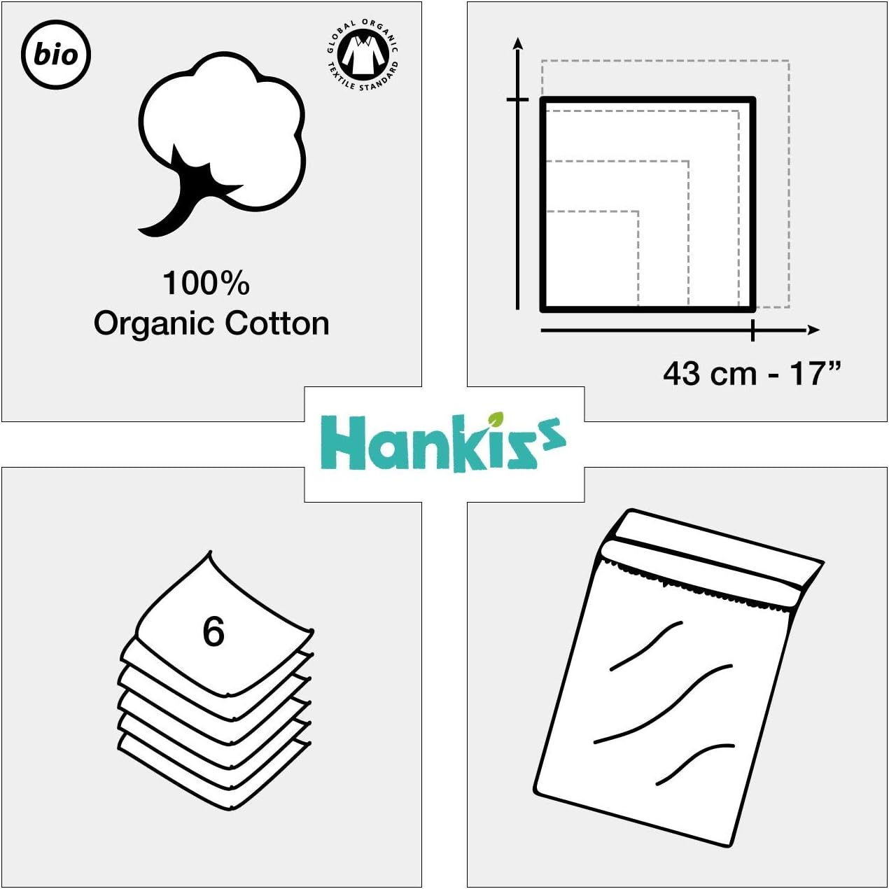 Organic Cotton Handkerchiefs - Pack of 6-100% Cotton GOTS Certified - Ice image number 3