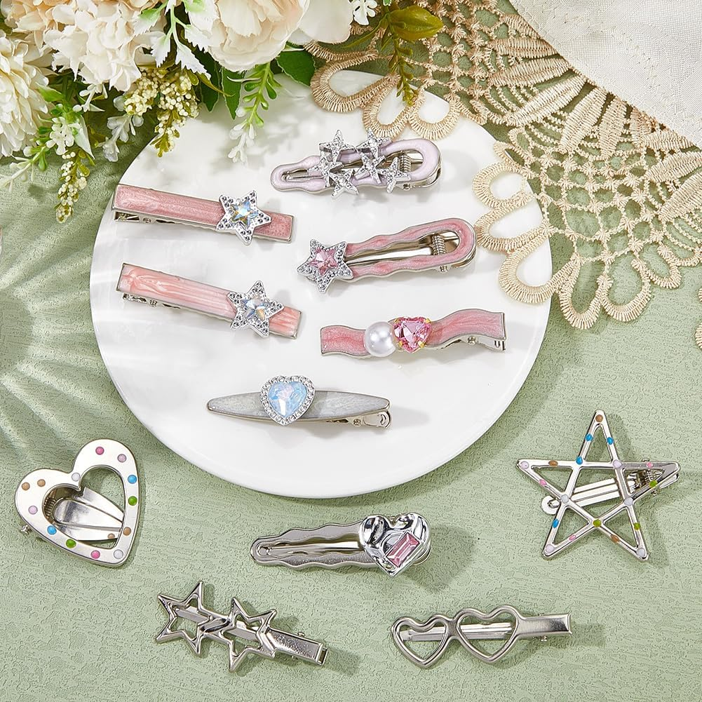 SOFPLATE 1 Box of 21 Silver Hair Clips in Heart and Star Shape Shiny Glitter Hair Clips with Press Stud Double Star Hair Pins Accessories Bow Love Headwear for Women Long and Short image number 6
