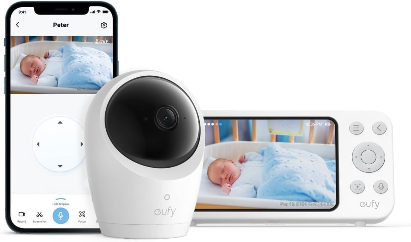 Eufy Security Baby Monitor E20 with 2K HD Camera, 5'' 720P Display, Hybrid Wi-Fi & No Wi-Fi Connection, Pan-Tilt, 4X Zoom, Portable Camera with Built-In Battery, 24/7 Recording in App, ANR image number 1