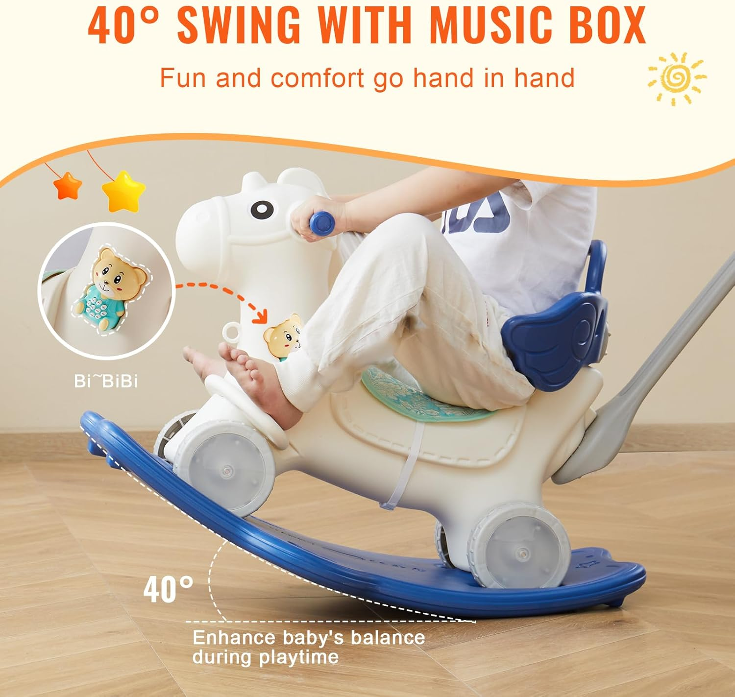 VEVOR 4 in 1 Rocking Horse for Toddlers 1-3 Years, Baby Rocking Horse with Detachable Balance Board, Push Handle and 4 Smooth Wheels, Support up to 80 Lbs HDPE Kids Ride on Toy with Sound, Blue image number 5