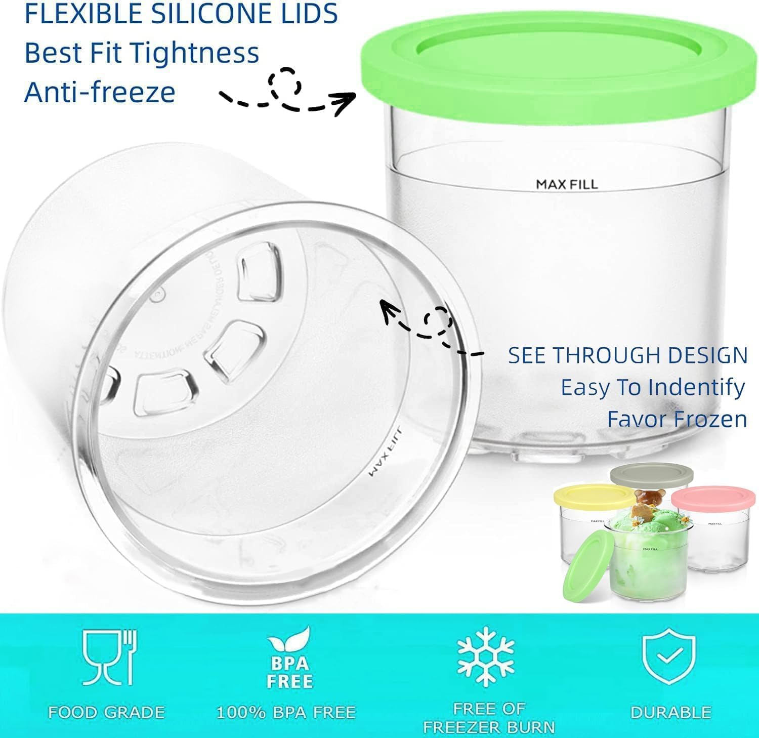 4 PACK Containers Replacement for Ninja Creami Pints and Lids, 16Oz Cup Compatible with NC301 NC300 NC299AMZ Series Ice Cream Maker, BPA Free Dishwasher Safe Leak Proof image number 2