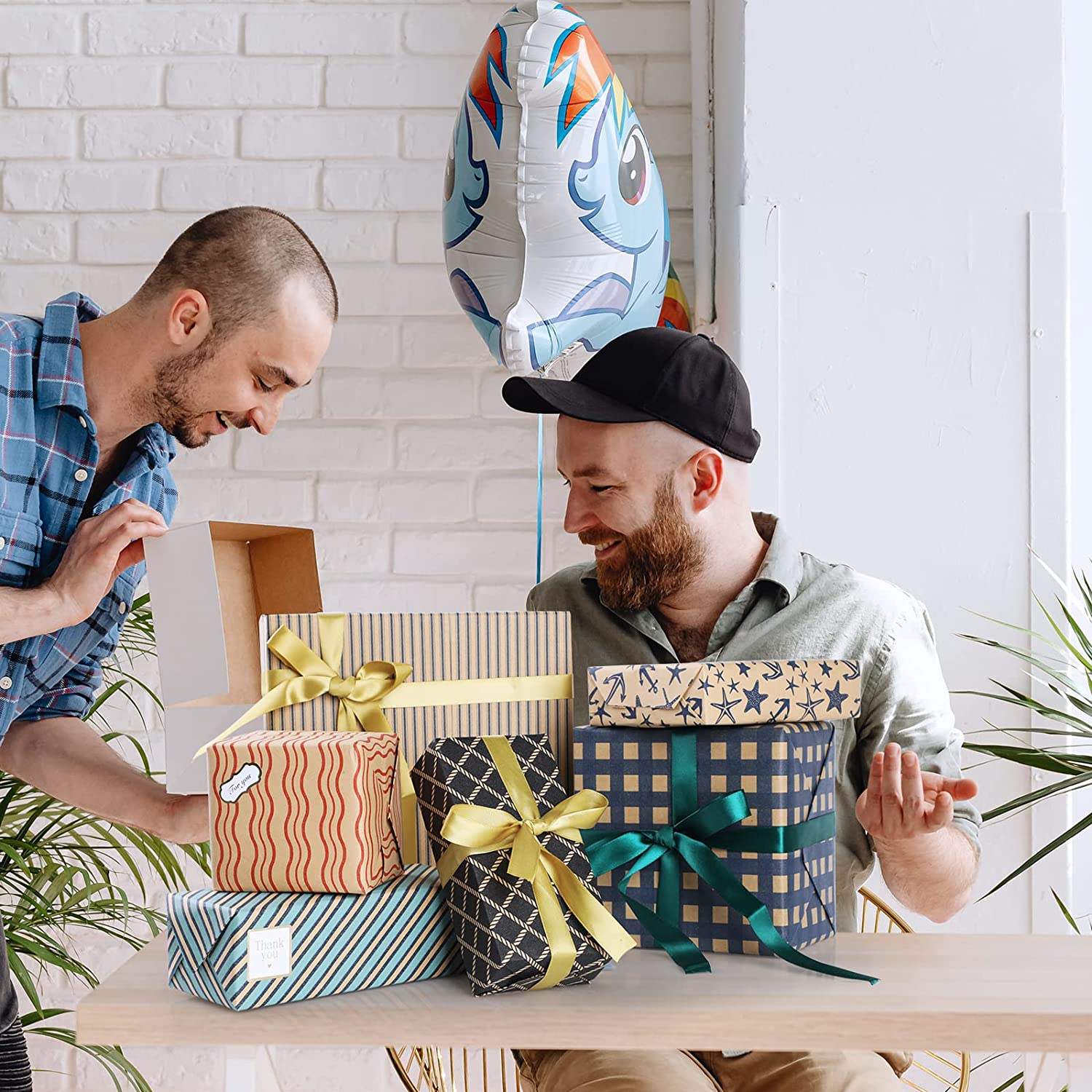 Hianjoo 6 Sheets Gift Wrapping Paper, 70&lowast;50Cm Gift Wrapping Papers Craft with 1 Sheets Gift Stickers 1 Double-Side Tape and 4 Ribbons for Decoration Party DIY Craft (70 * 50Cm), Plaid - C image number 3