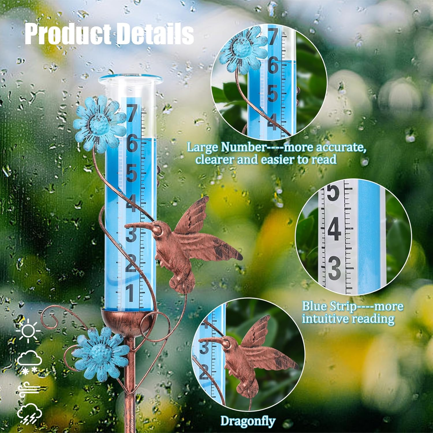 Hummingbird Rain Gauge - Detachable Rain Gauge with Metal Stake 36 Inch Height Decorative Rain Gauge, Plastic Tubes for Garden Yard Outdoors Fence Decoration image number 3