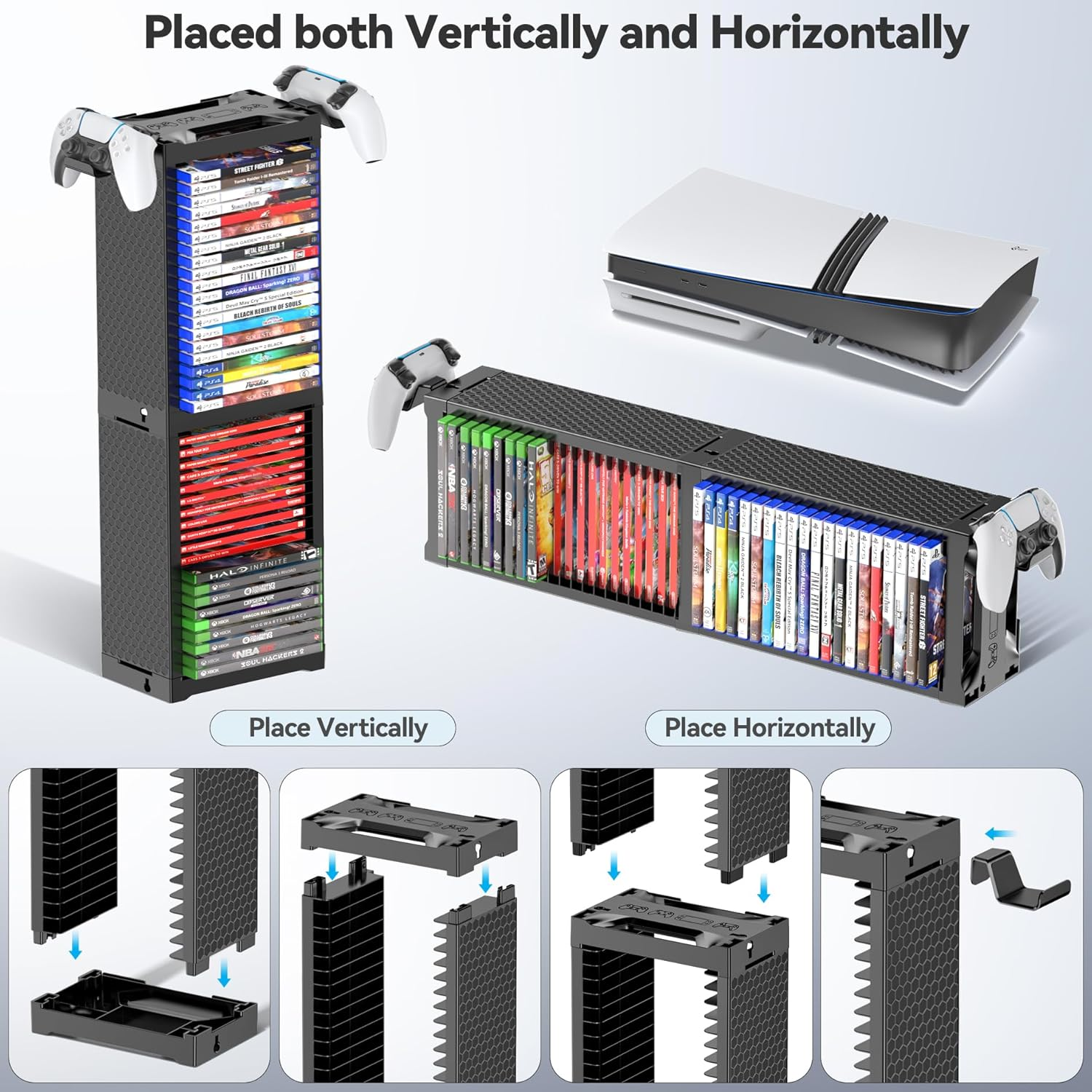 Kytok Video Game Storage Stand Tower with Controller Holder, Wall Mount Game Disc Case Organizer Compatible with PS5 PS4 Nintendo Switch Xbox Series/One, Vertical & Horizontal Stand for 40 Gaming Disc image number 5