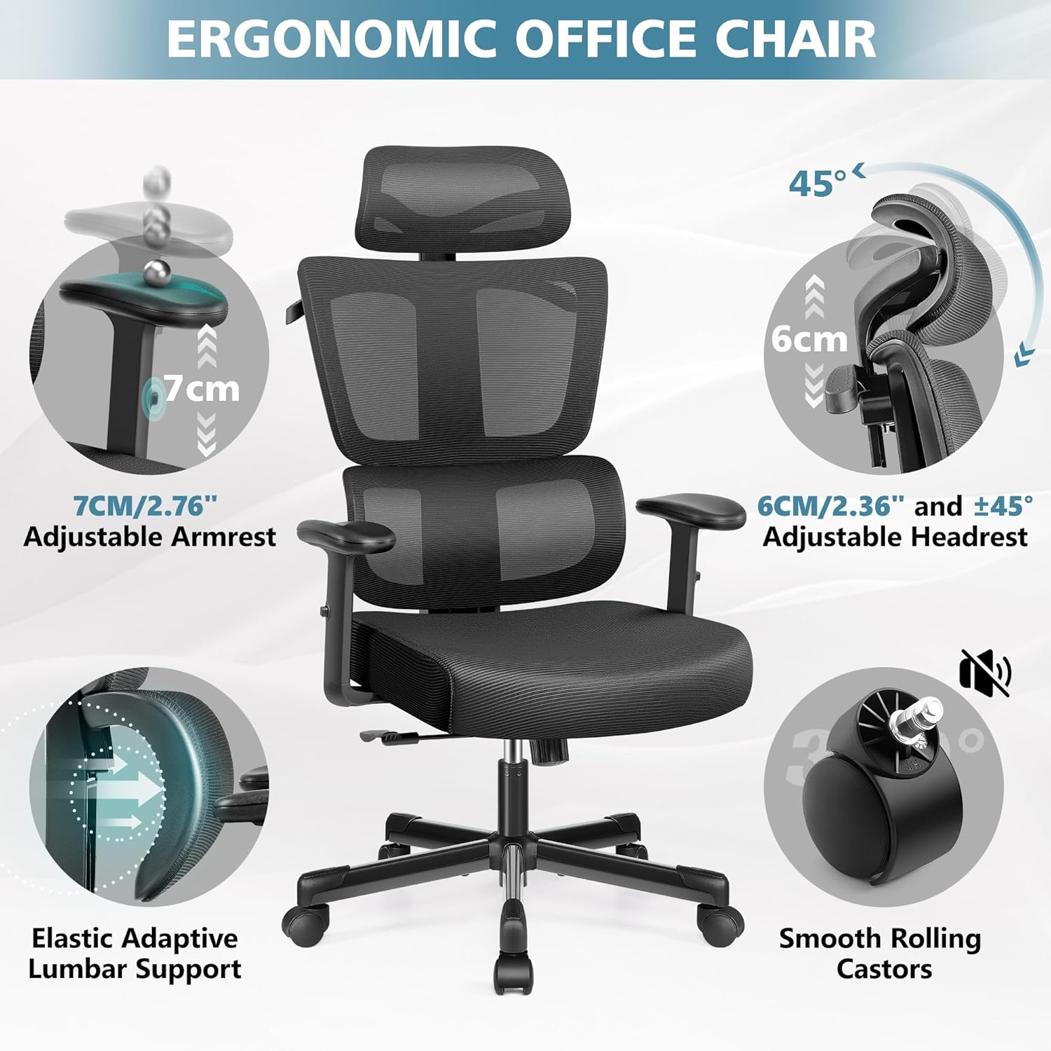 Primy Office Chair Ergonomic Desk Chair, High Back Breathable Mesh Office Chair with Lumbar Support Reclining Chair, Comfy Big and Tall Home Office Chair, Adjustable Armrests Computer Chair(Black) - White image number 7