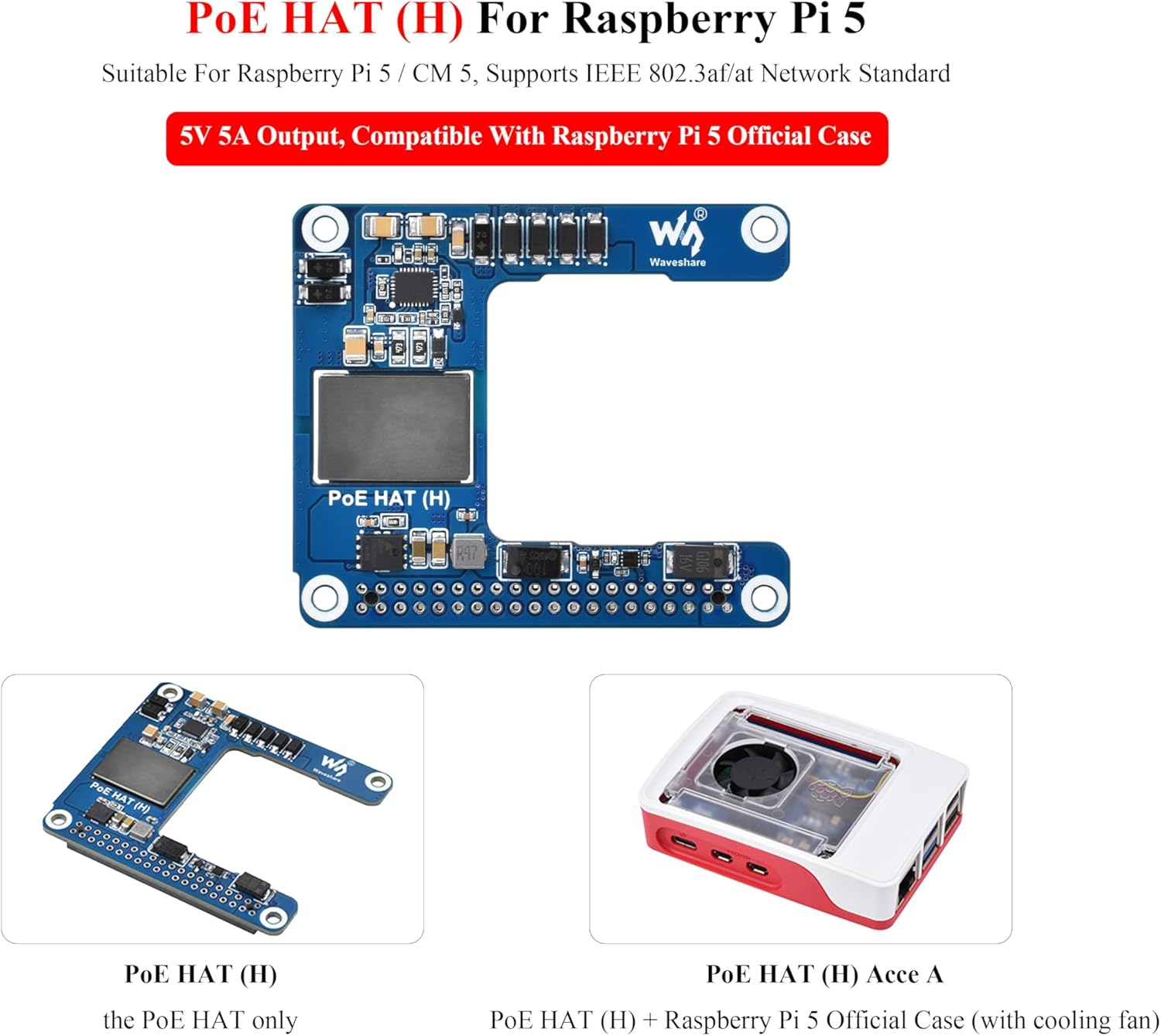 Poe HAT Compatible with Raspberry Pi 5/Compute Module 5, Power over Ethernet HAT 5V 5A Output, 802.3Af/At Network Standard, Isolated Switched-Mode Power Supply, Support Pi5 Case & Active Cooler image number 2